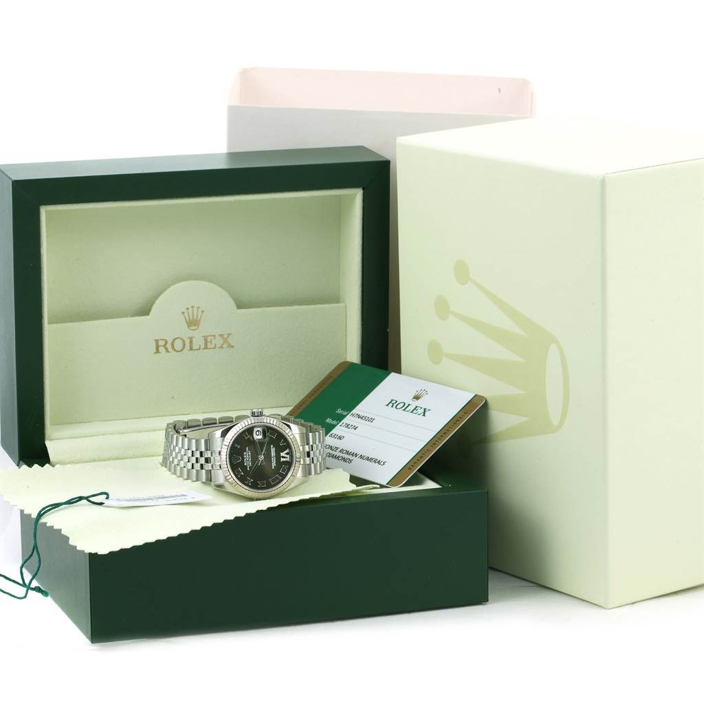 The image shows a Rolex 178274 Women's Stainless Steel Brown Dial 178274 Women's Stainless Steel Brown Dial Datejust Midsize Steel White Gold Brown Diamond Dial Watch 178274 with its box and certificate.