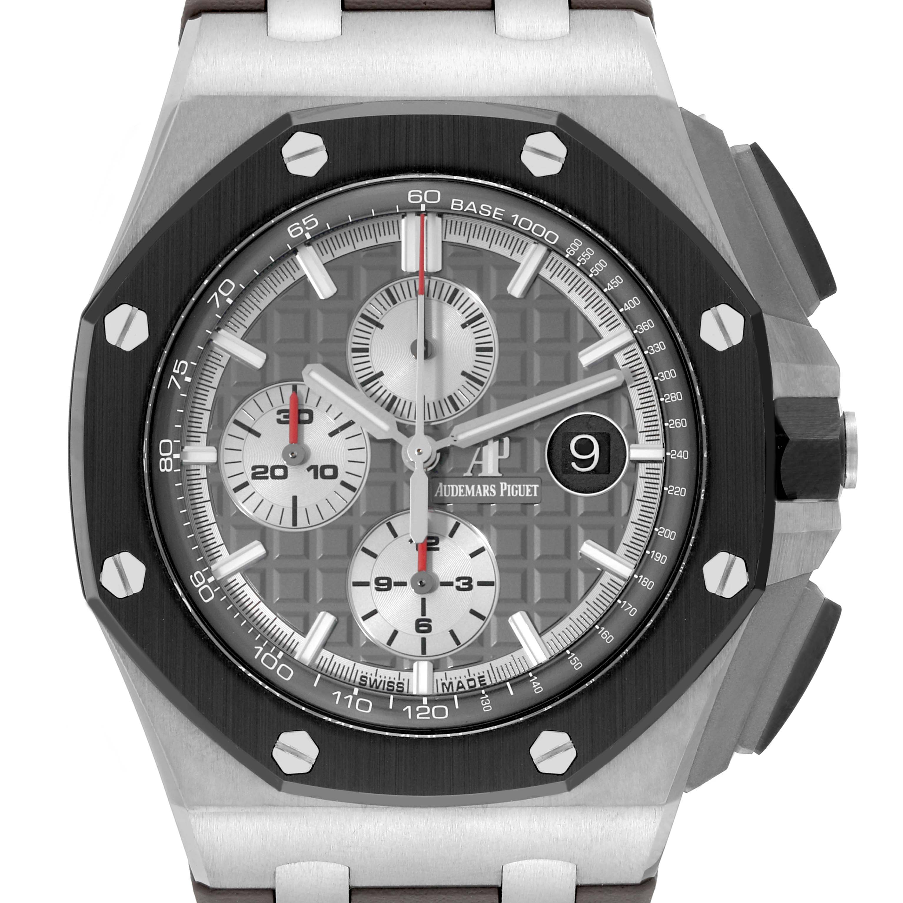 This image shows the front view of the Audemars Piguet Royal Oak Offshore 26400IO.OO.A004CA.01.A Men's Titanium Grey Dial 26400IO.OO.A004CA.01.A Men's Titanium Grey Dial watch, highlighting the dial, bezel, and chronograph subdials.