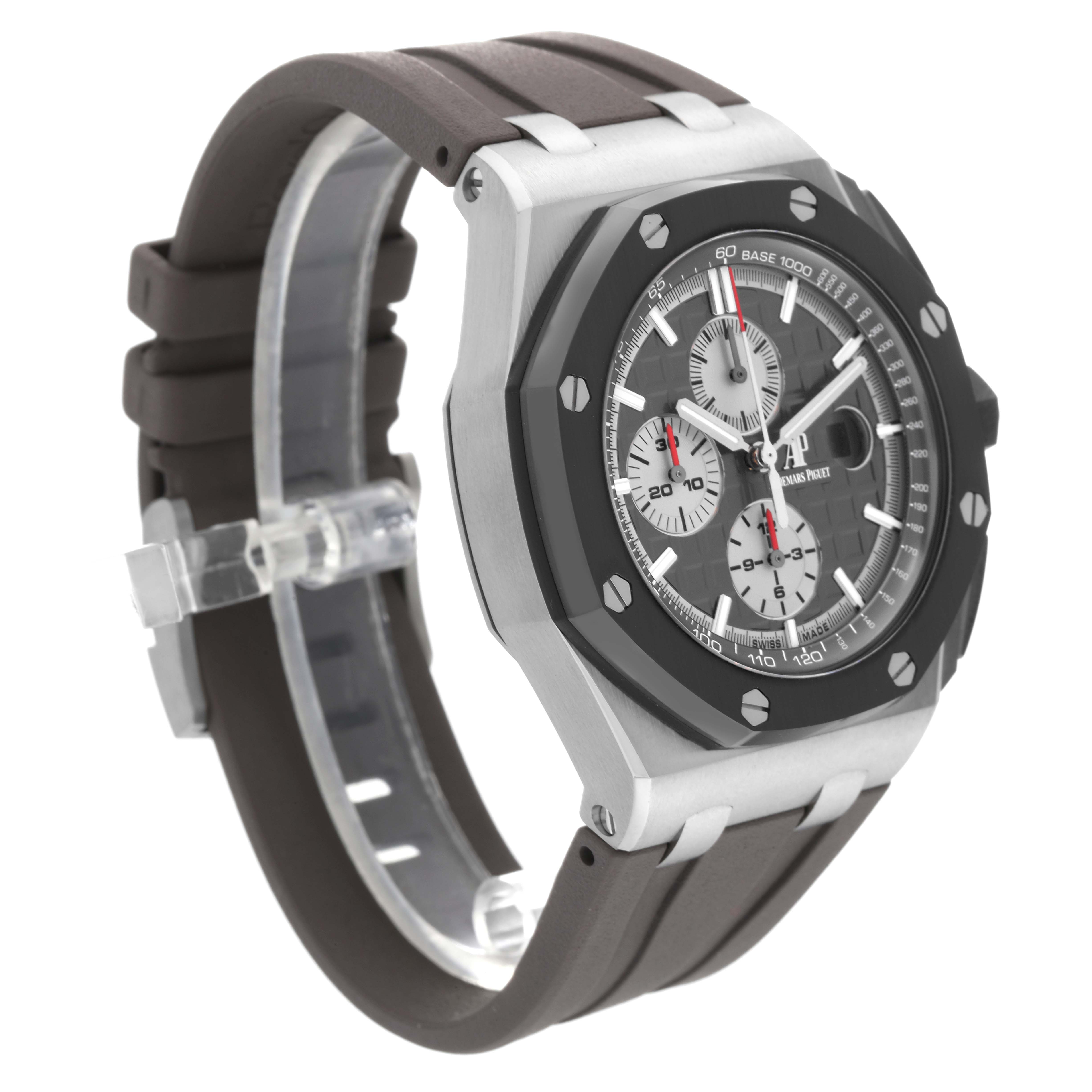 The image shows a side-angle view of the Audemars Piguet Royal Oak Offshore 26400IO.OO.A004CA.01.A Men's Titanium Grey Dial 26400IO.OO.A004CA.01.A Men's Titanium Grey Dial watch, highlighting the bezel, dial, and strap.