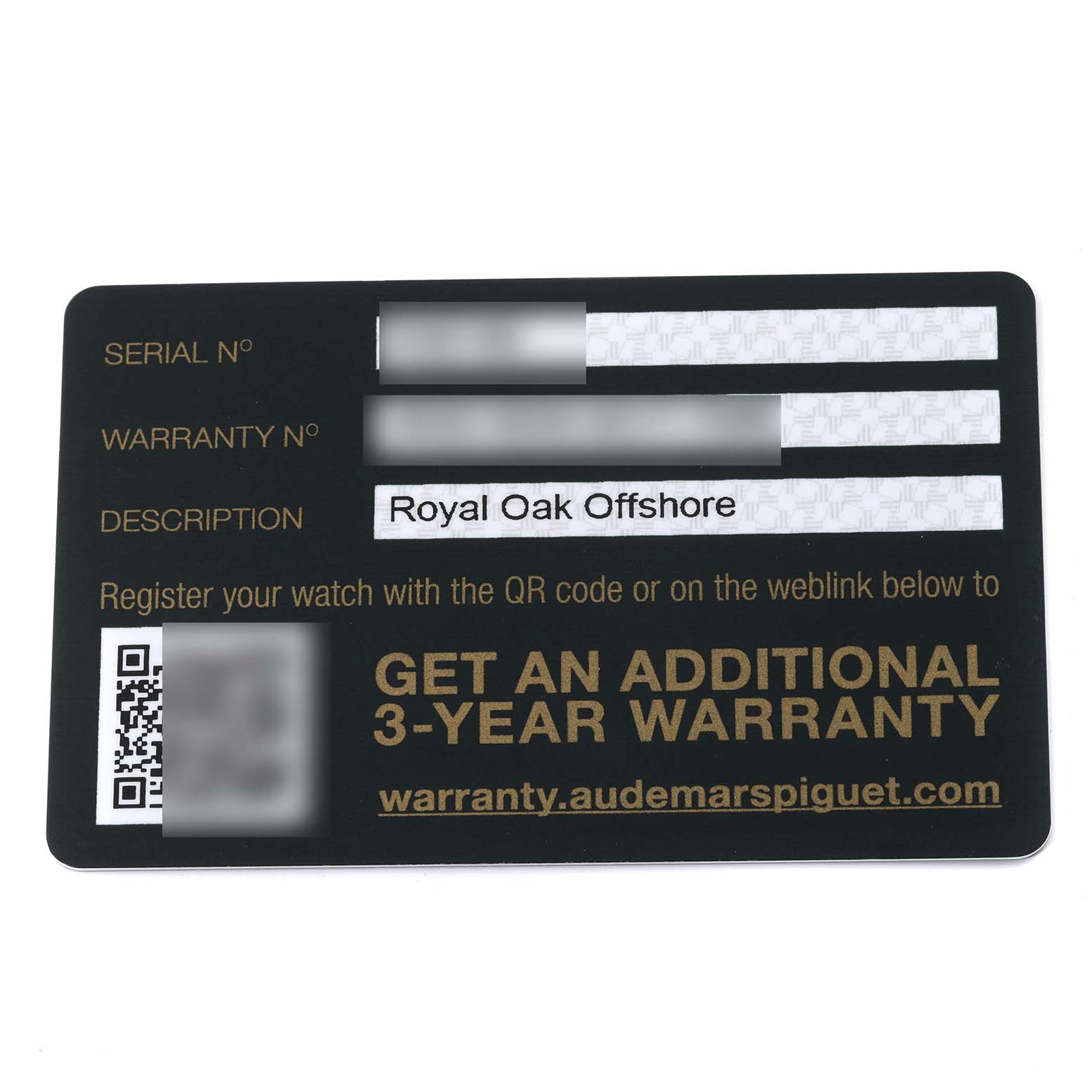 This image shows the warranty card for the Audemars Piguet Royal Oak Offshore 26400IO.OO.A004CA.01.A Men's Titanium Grey Dial 26400IO.OO.A004CA.01.A Men's Titanium Grey Dial model, including serial and warranty numbers.