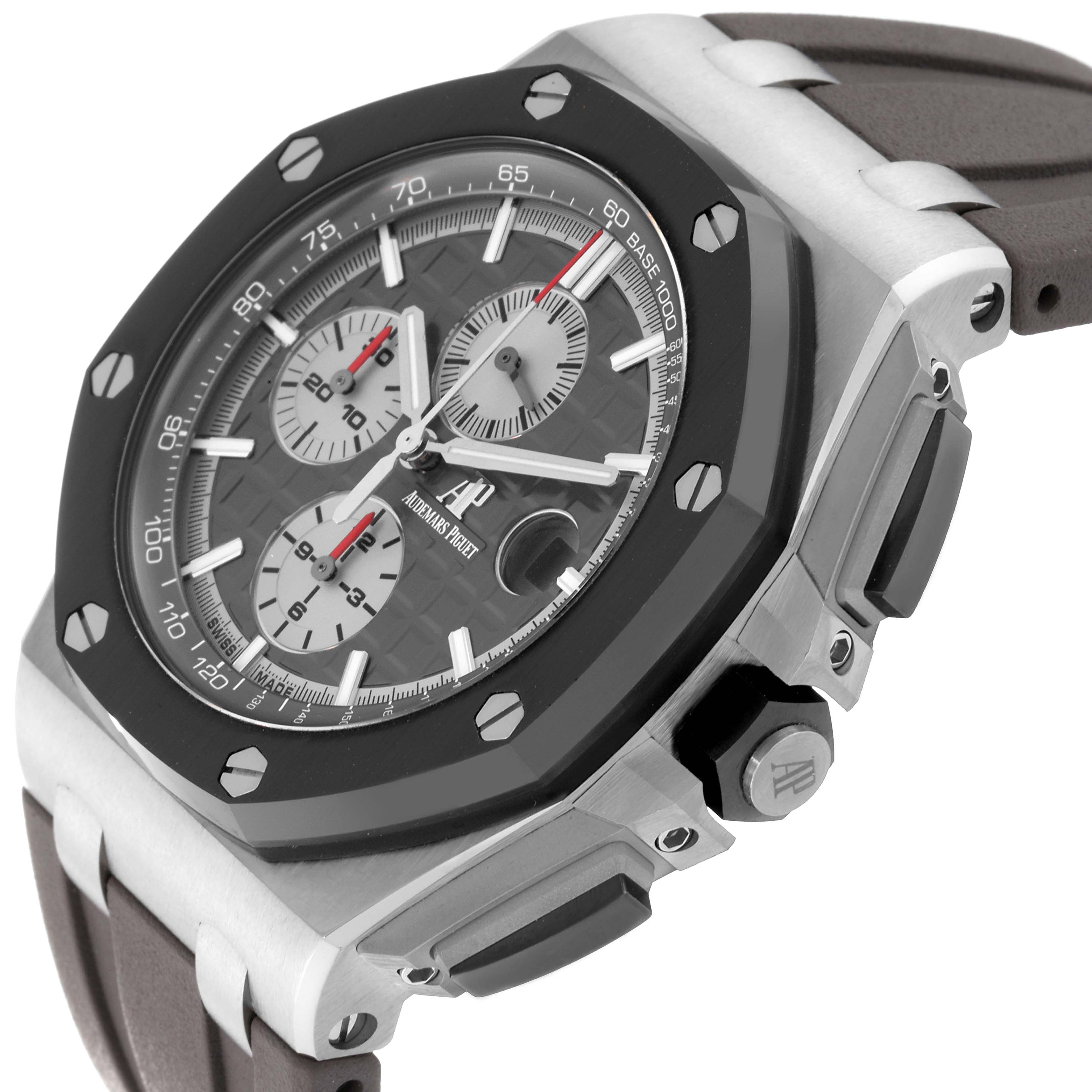 This image shows a close-up of the Audemars Piguet Royal Oak Offshore 26400IO.OO.A004CA.01.A Men's Titanium Grey Dial 26400IO.OO.A004CA.01.A Men's Titanium Grey Dial model, highlighting the watch face, bezel, and side buttons.