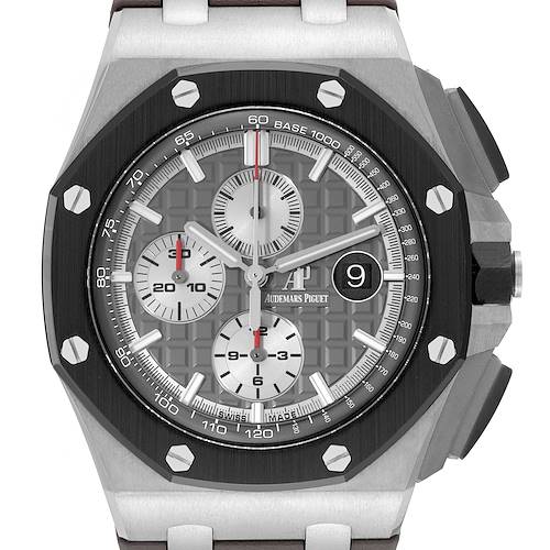 The image shows a front view of the Audemars Piguet Royal Oak Offshore model, highlighting the dial, bezel, and chronograph subdials.