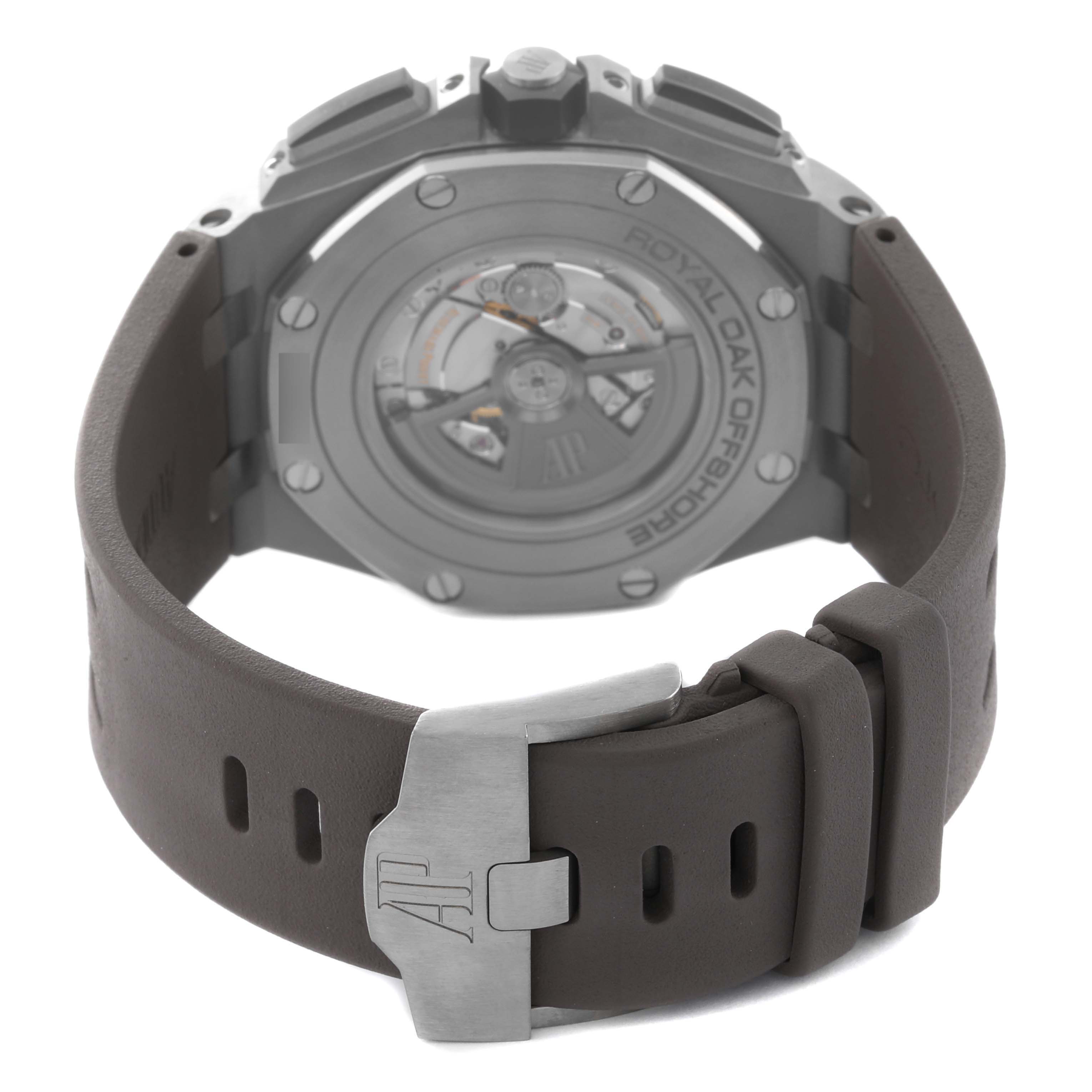 The image shows the back angle of the Audemars Piguet Royal Oak Offshore 26400IO.OO.A004CA.01.A Men's Titanium Grey Dial 26400IO.OO.A004CA.01.A Men's Titanium Grey Dial, highlighting the strap and buckle.