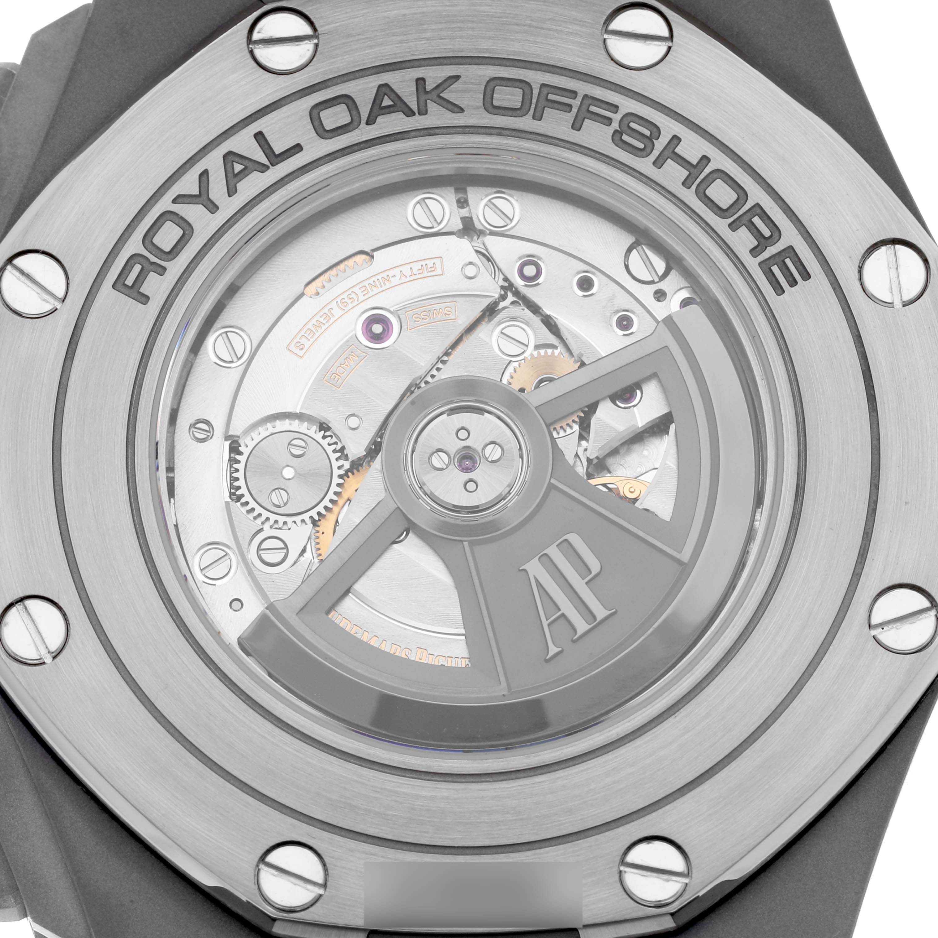 This image shows the back case of the Audemars Piguet Royal Oak Offshore 26400IO.OO.A004CA.01.A Men's Titanium Grey Dial 26400IO.OO.A004CA.01.A Men's Titanium Grey Dial watch, displaying the intricate mechanical movement.