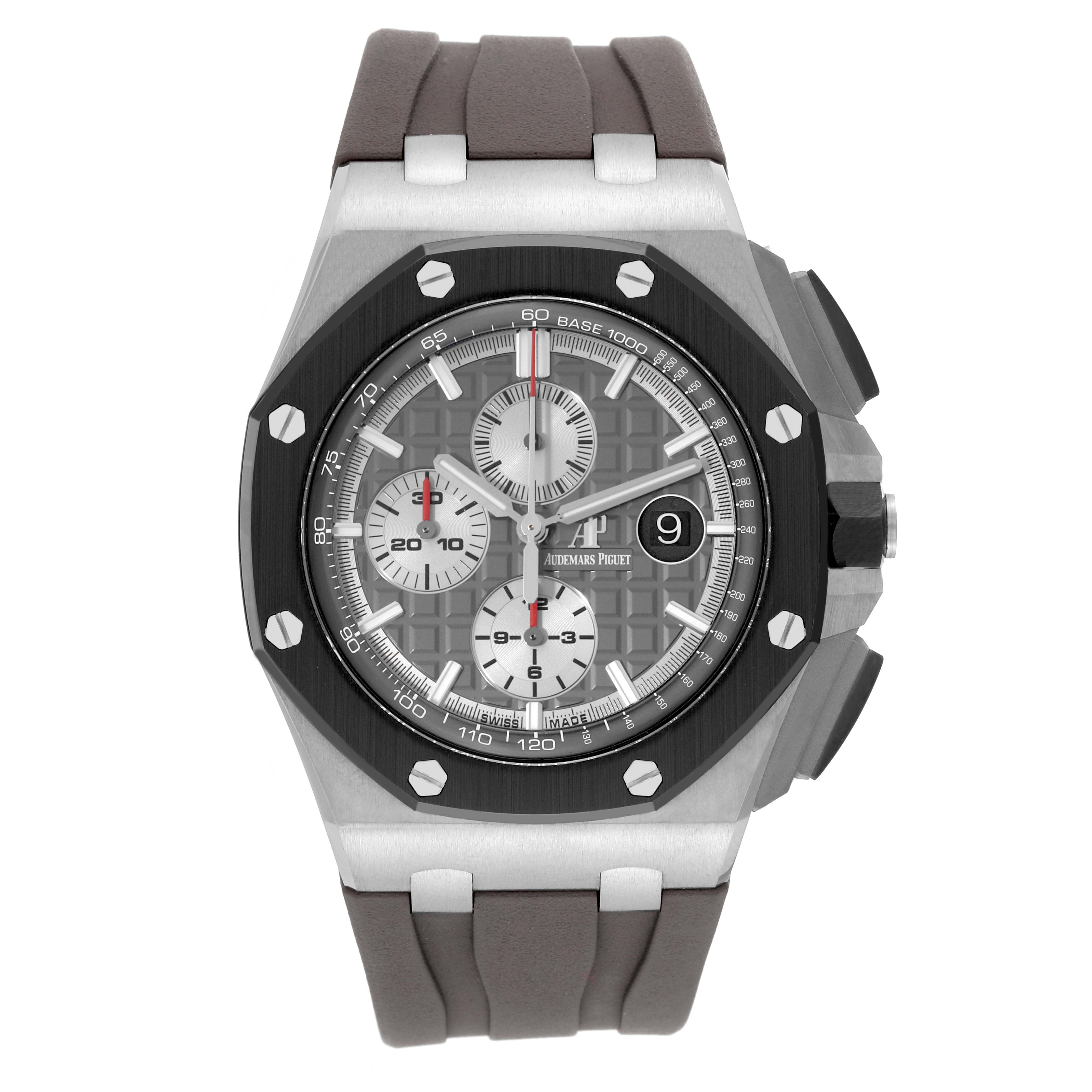 The image shows a front view of the Audemars Piguet Royal Oak Offshore 26400IO.OO.A004CA.01.A Men's Titanium Grey Dial 26400IO.OO.A004CA.01.A Men's Titanium Grey Dial watch, highlighting the dial, bezel, case, and strap.