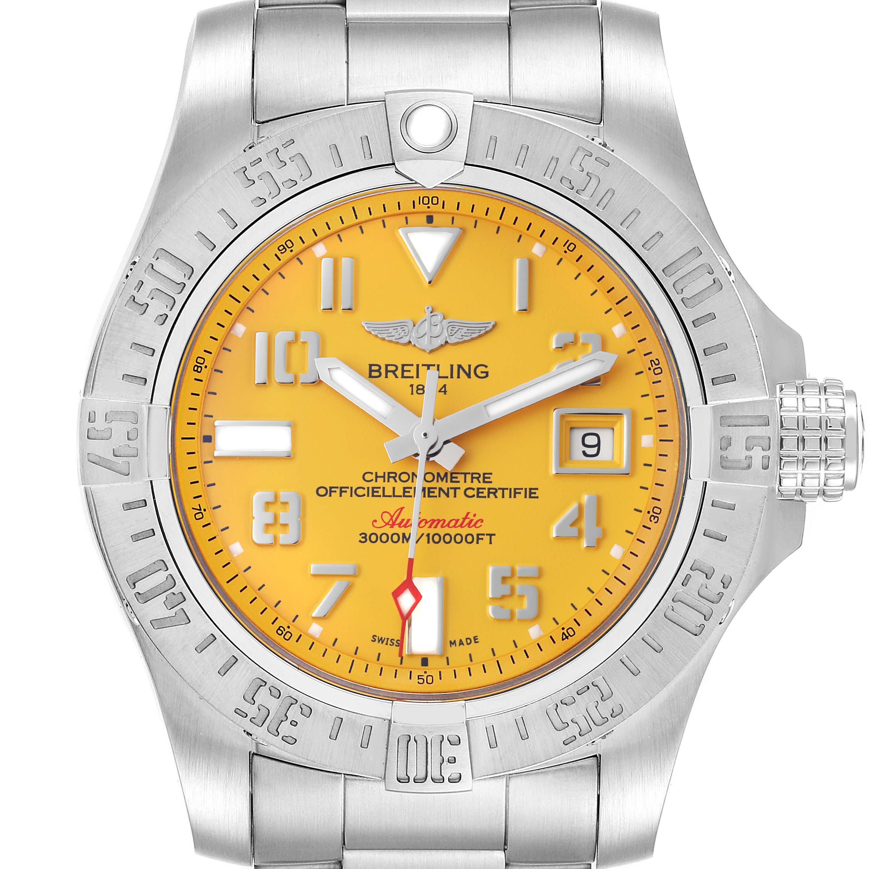 The image shows a front view of the Breitling Avenger A17331 Men's Stainless Steel Yellow Dial A17331 Men's Stainless Steel Yellow Dial's dial and bezel, with a yellow face and date window at 3 o'clock.