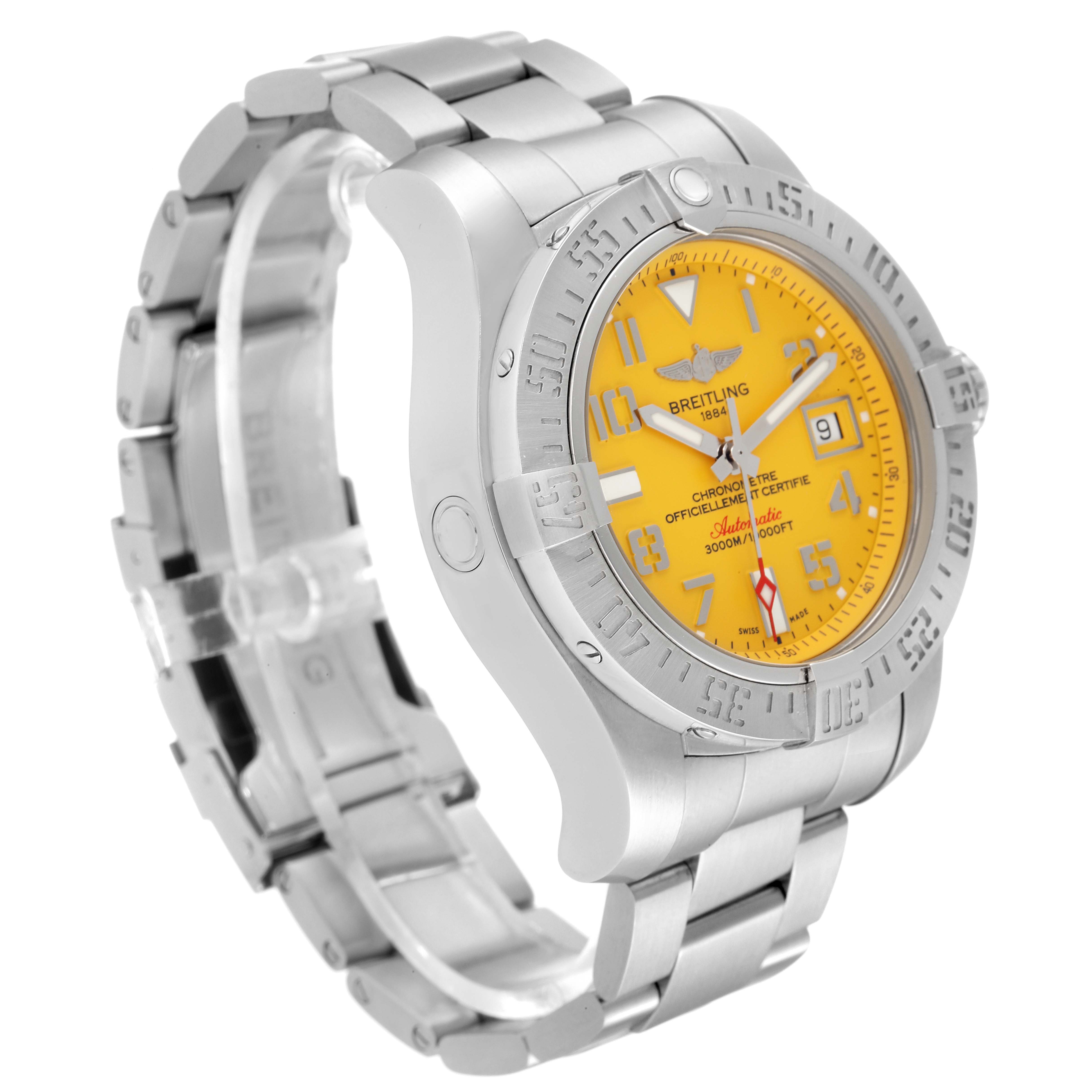 The Breitling Avenger A17331 Men's Stainless Steel Yellow Dial A17331 Men's Stainless Steel Yellow Dial watch is shown at a three-quarter angle, highlighting its yellow dial, stainless steel bracelet, and bezel.