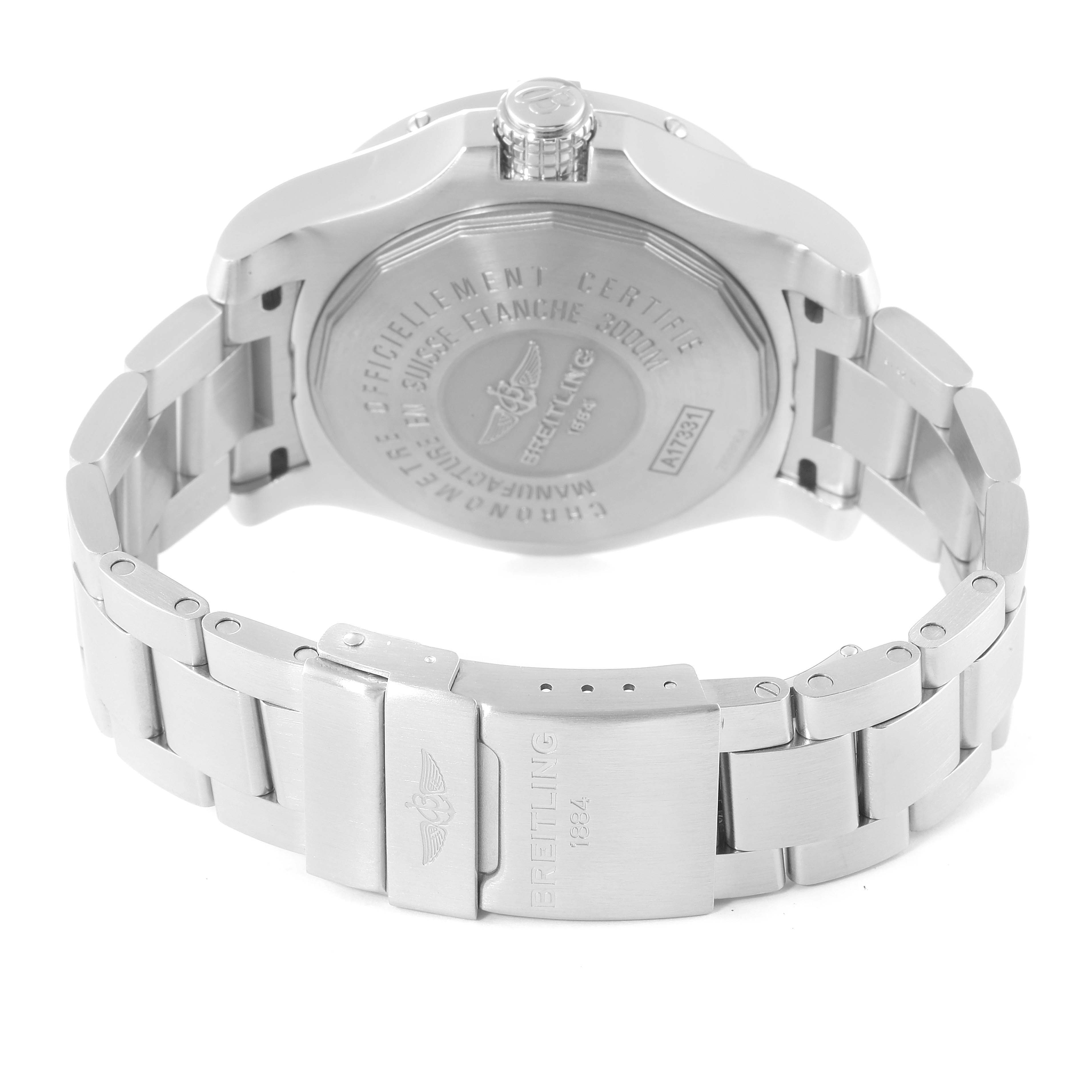 This image shows the back view of a Breitling Avenger A17331 Men's Stainless Steel Yellow Dial A17331 Men's Stainless Steel Yellow Dial watch, highlighting its case back and stainless steel bracelet with the clasp.