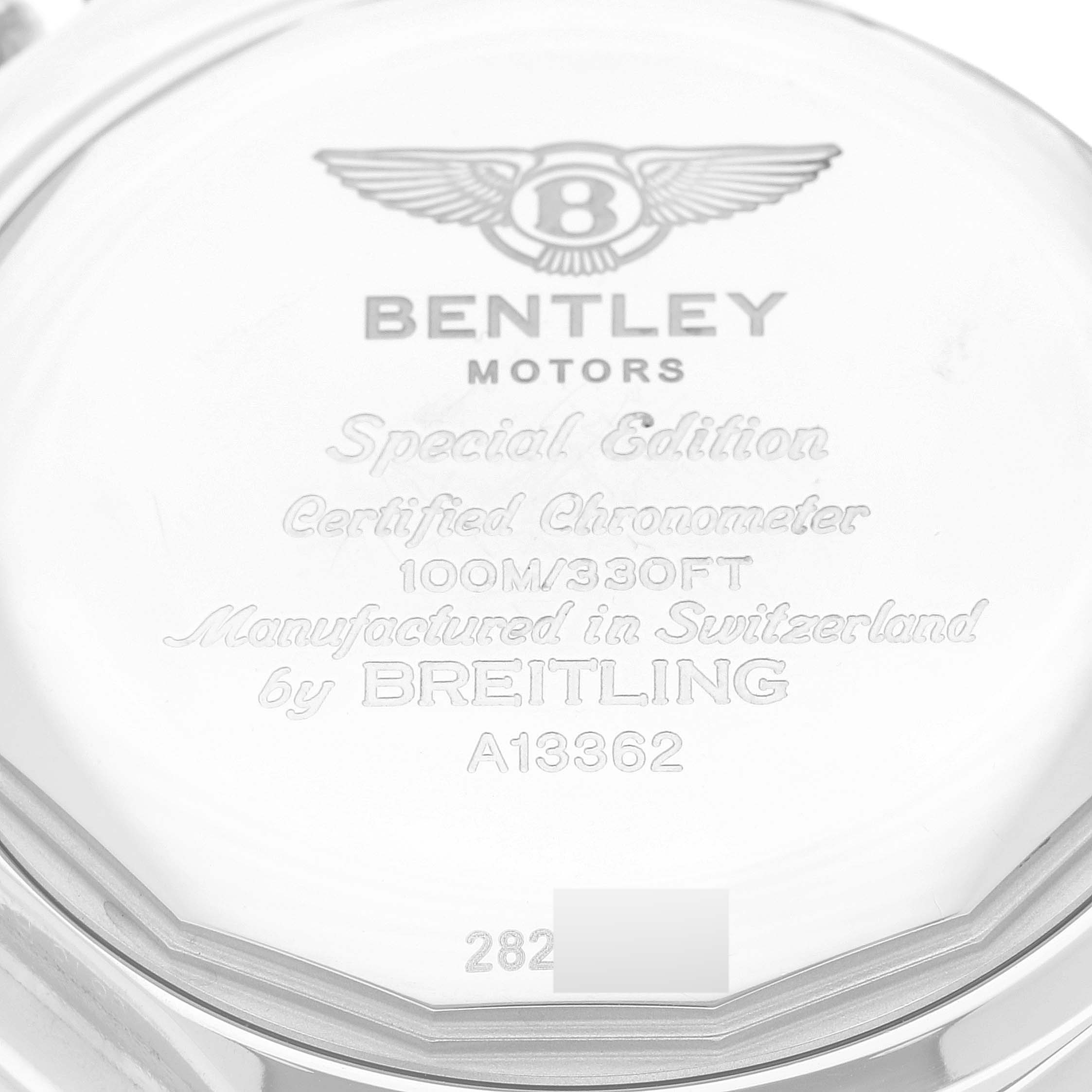 The image shows the back case of the Breitling Bentley A13362 Men's Stainless Steel Mother of Pearl Dial A13362 Men's Stainless Steel Mother of Pearl Dial watch, featuring engravings and logos.