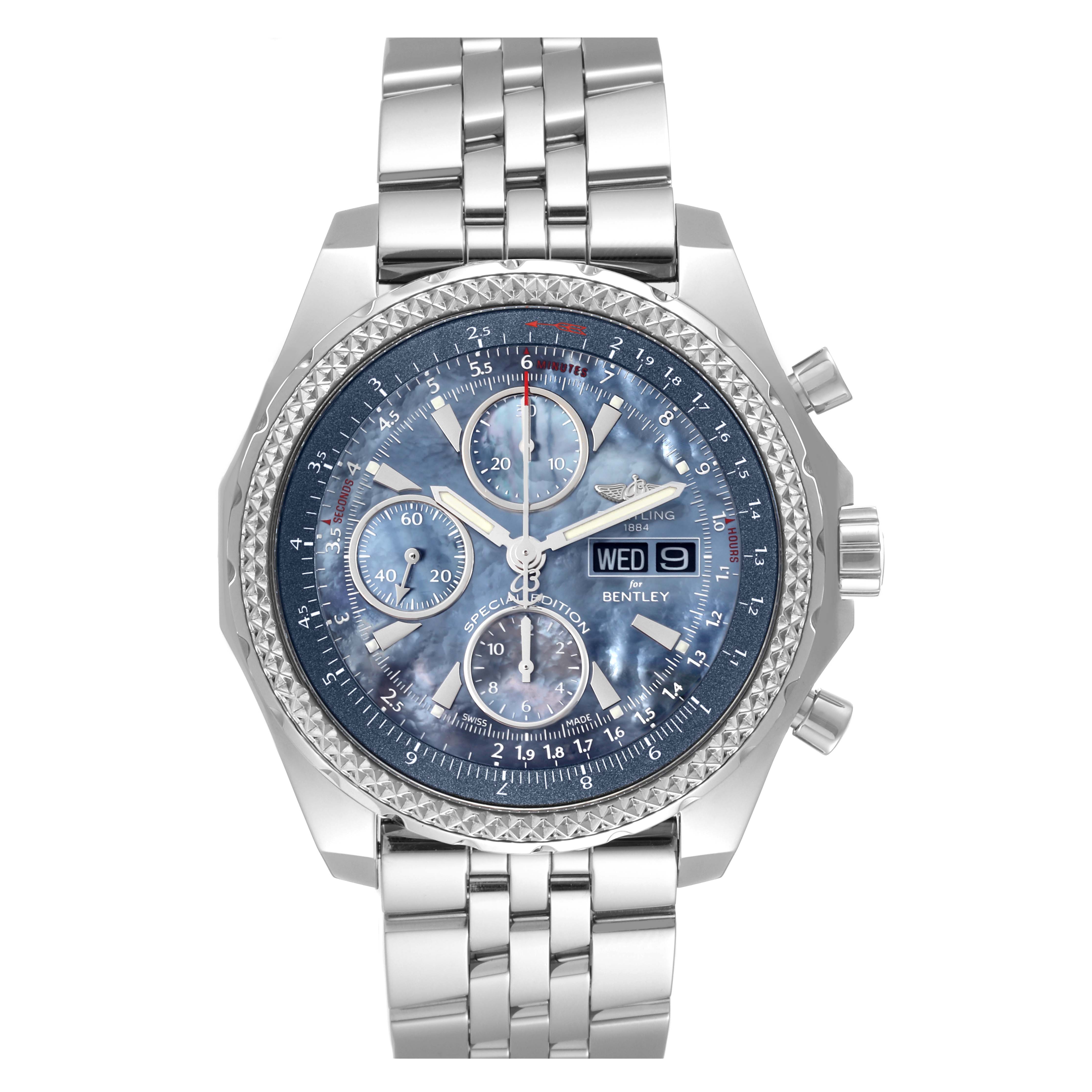 The image shows a front view of the Breitling Bentley A13362 Men's Stainless Steel Mother of Pearl Dial A13362 Men's Stainless Steel Mother of Pearl Dial watch with its stainless steel bracelet, dial, and chronograph features.