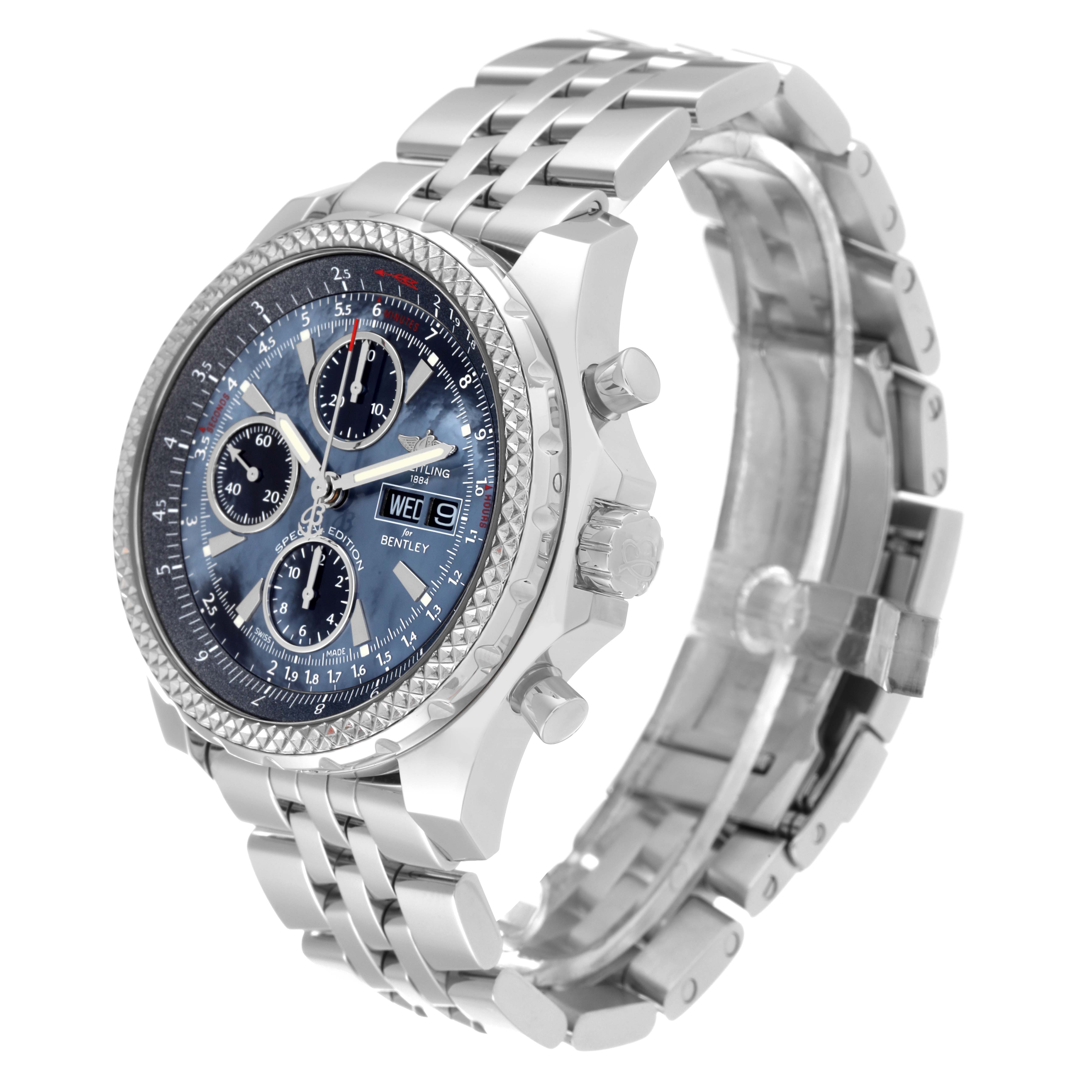 The image shows a Breitling Bentley A13362 Men's Stainless Steel Mother of Pearl Dial A13362 Men's Stainless Steel Mother of Pearl Dial watch, angled to display its face, bracelet, and side pushers.