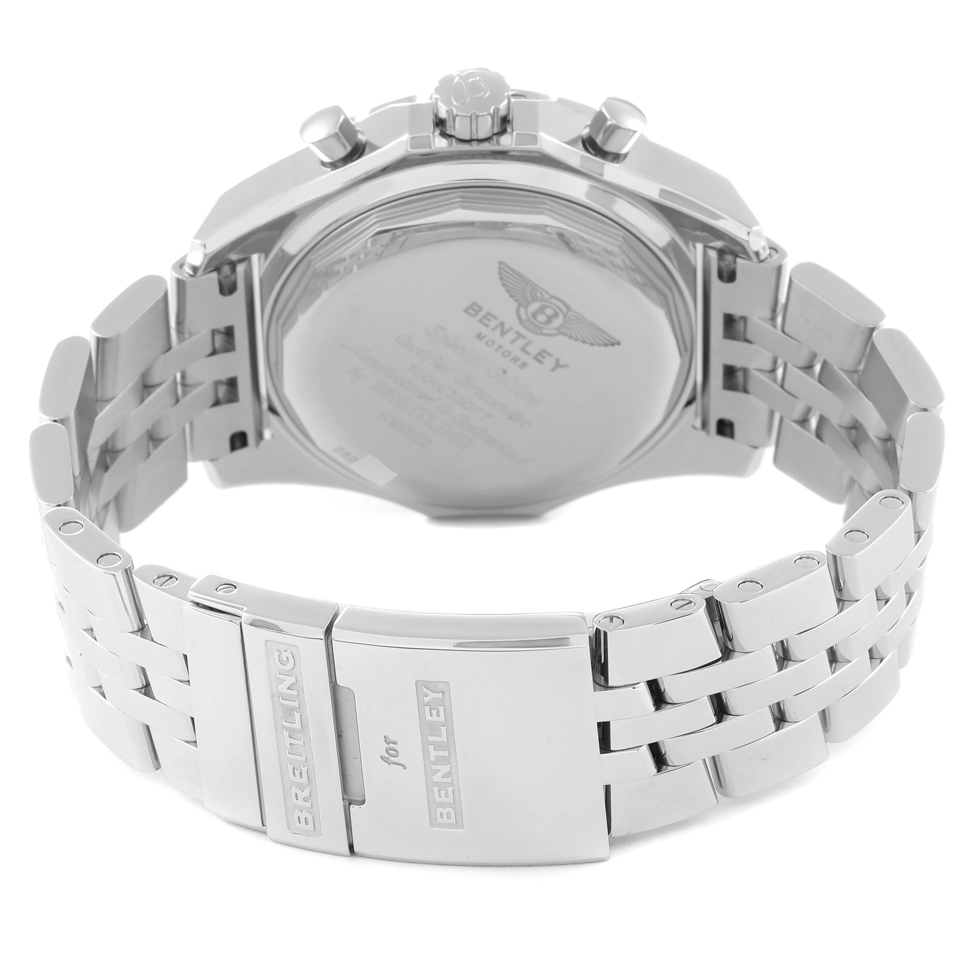 This image shows the back case and clasp of the Breitling Bentley A13362 Men's Stainless Steel Mother of Pearl Dial A13362 Men's Stainless Steel Mother of Pearl Dial watch, displaying the engraved logo and metal bracelet.