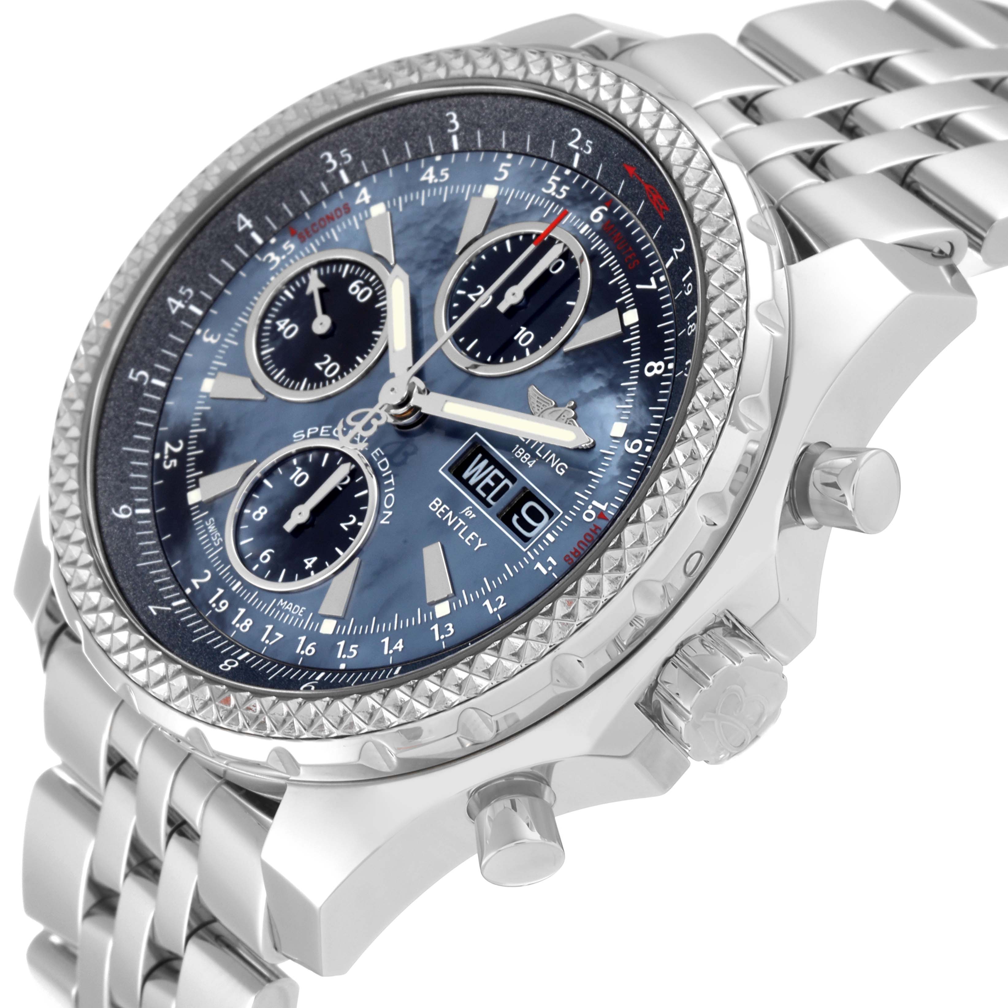 The image shows the Breitling Bentley A13362 Men's Stainless Steel Mother of Pearl Dial A13362 Men's Stainless Steel Mother of Pearl Dial model watch at an angled close-up, highlighting the bezel, dial, crown, and part of the bracelet.