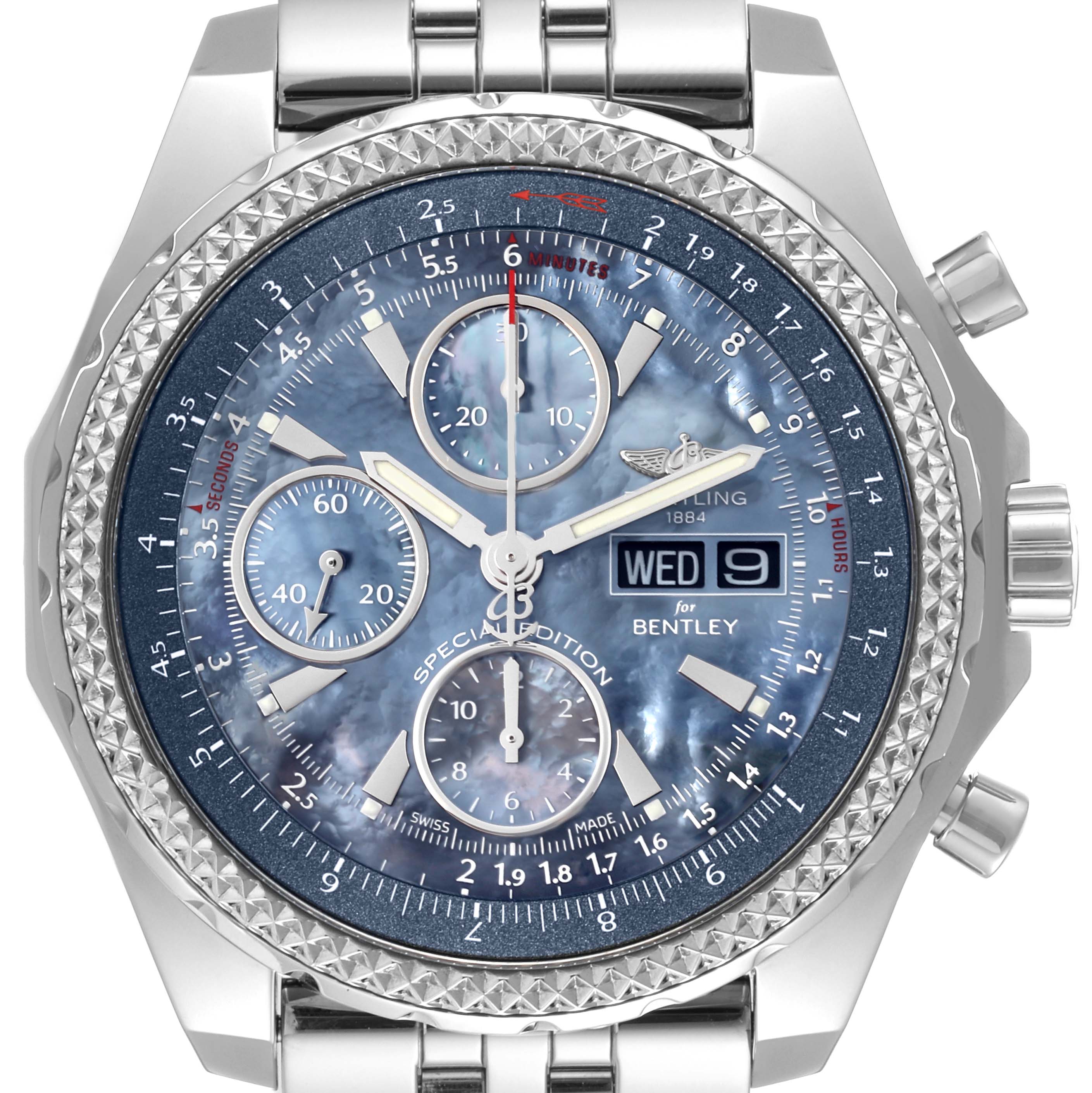 The Bentley model watch by Breitling is shown from the front, displaying its face, bezel, and part of the bracelet.