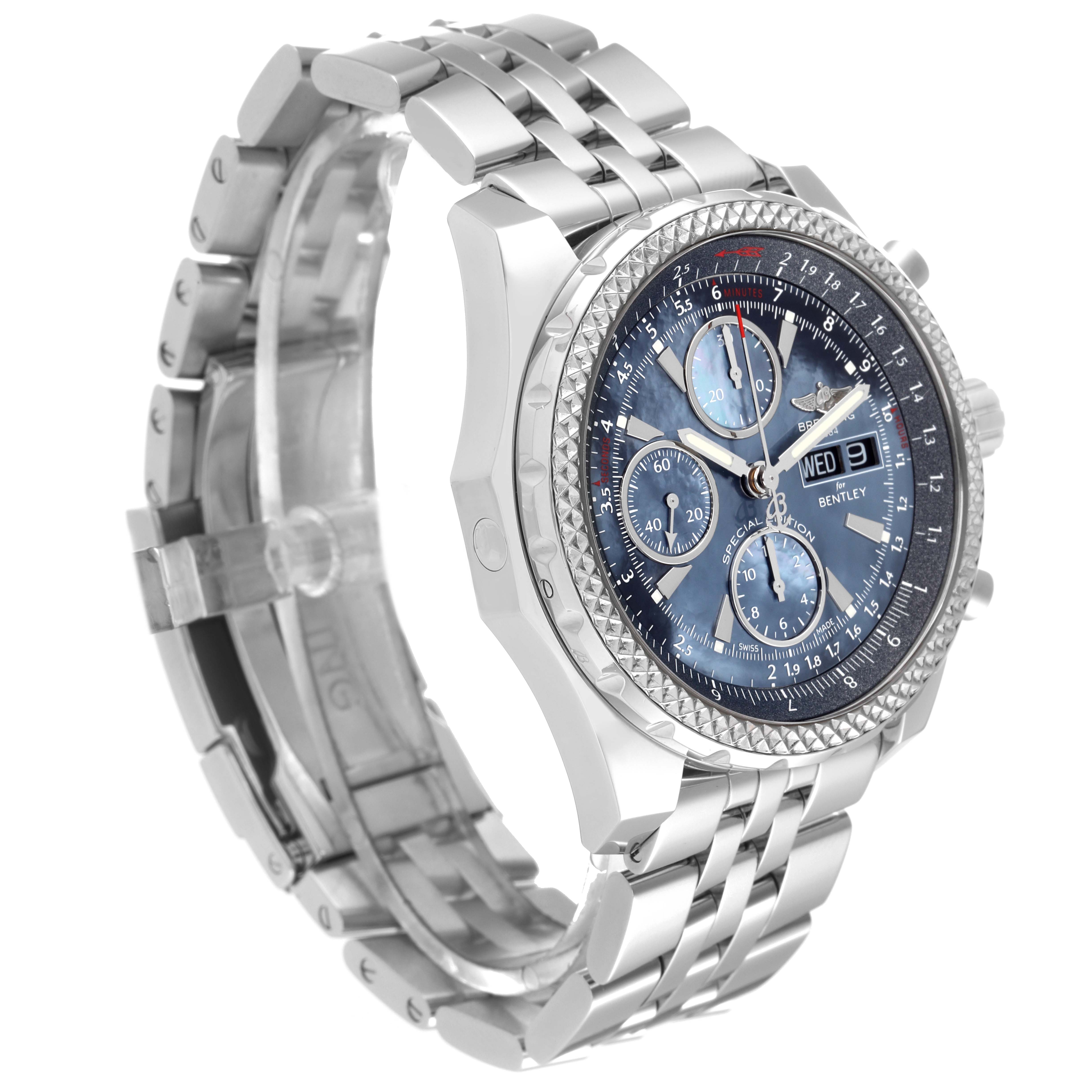 The image shows a side angle of the Breitling Bentley A13362 Men's Stainless Steel Mother of Pearl Dial A13362 Men's Stainless Steel Mother of Pearl Dial watch, highlighting the bezel, dial, and metal bracelet.