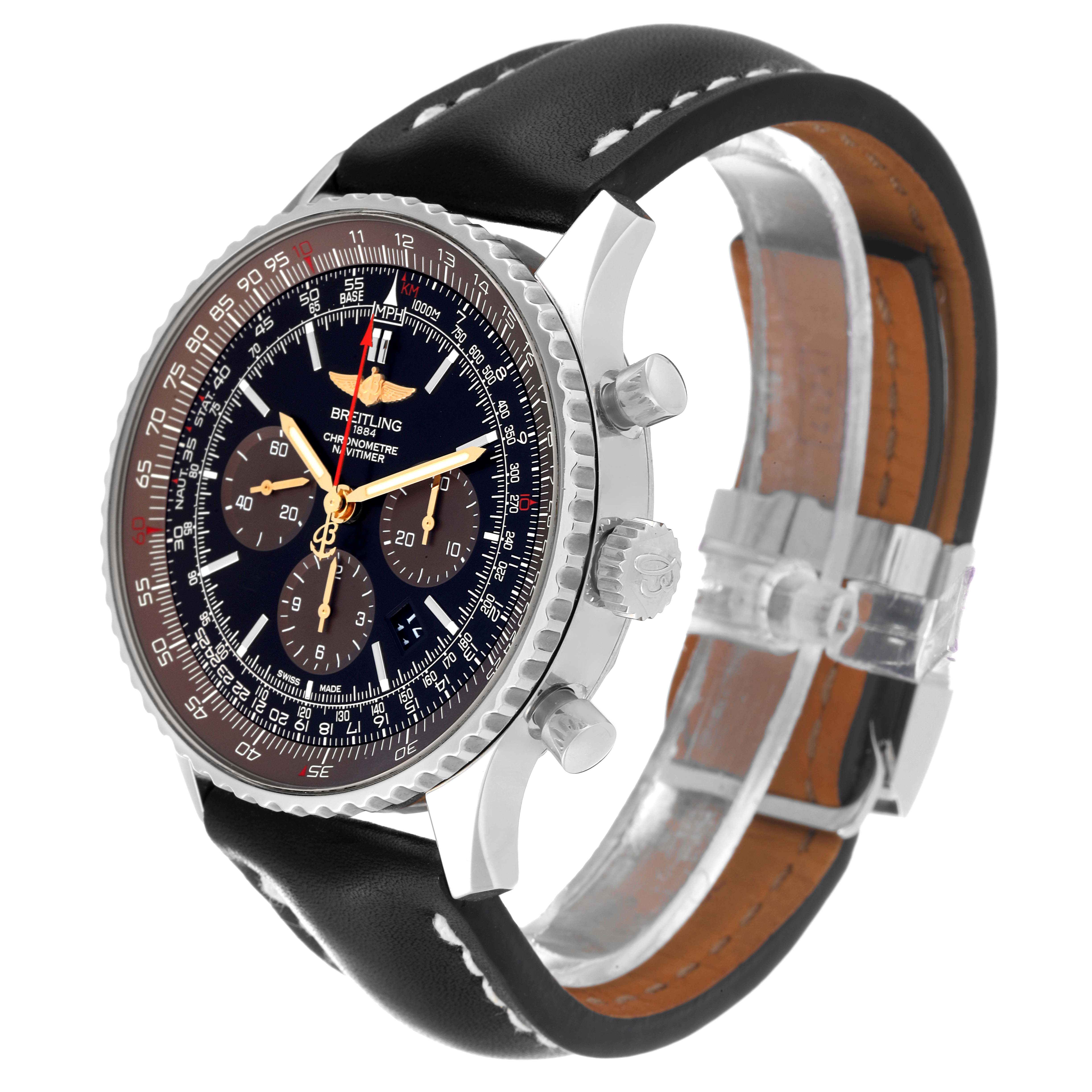 The image shows a side angle of the Breitling Navitimer AB0127 Men's Stainless Steel Black Dial AB0127 Men's Stainless Steel Black Dial watch, displaying its face, bezel, crown, pushers, and black leather strap.