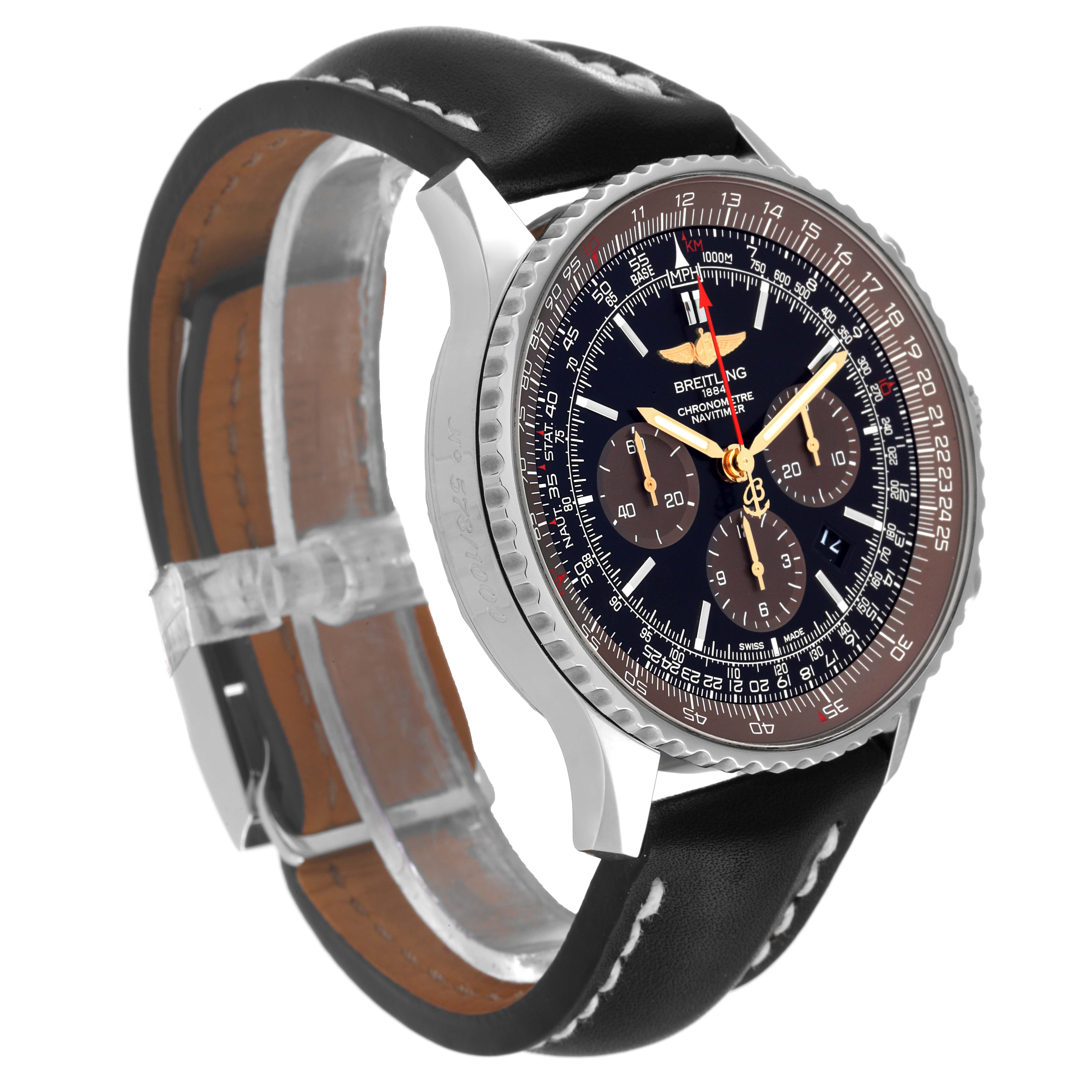 This Breitling Navitimer AB0127 Men's Stainless Steel Black Dial AB0127 Men's Stainless Steel Black Dial watch is shown from an angled side view, highlighting the dial, bezel, and leather strap.