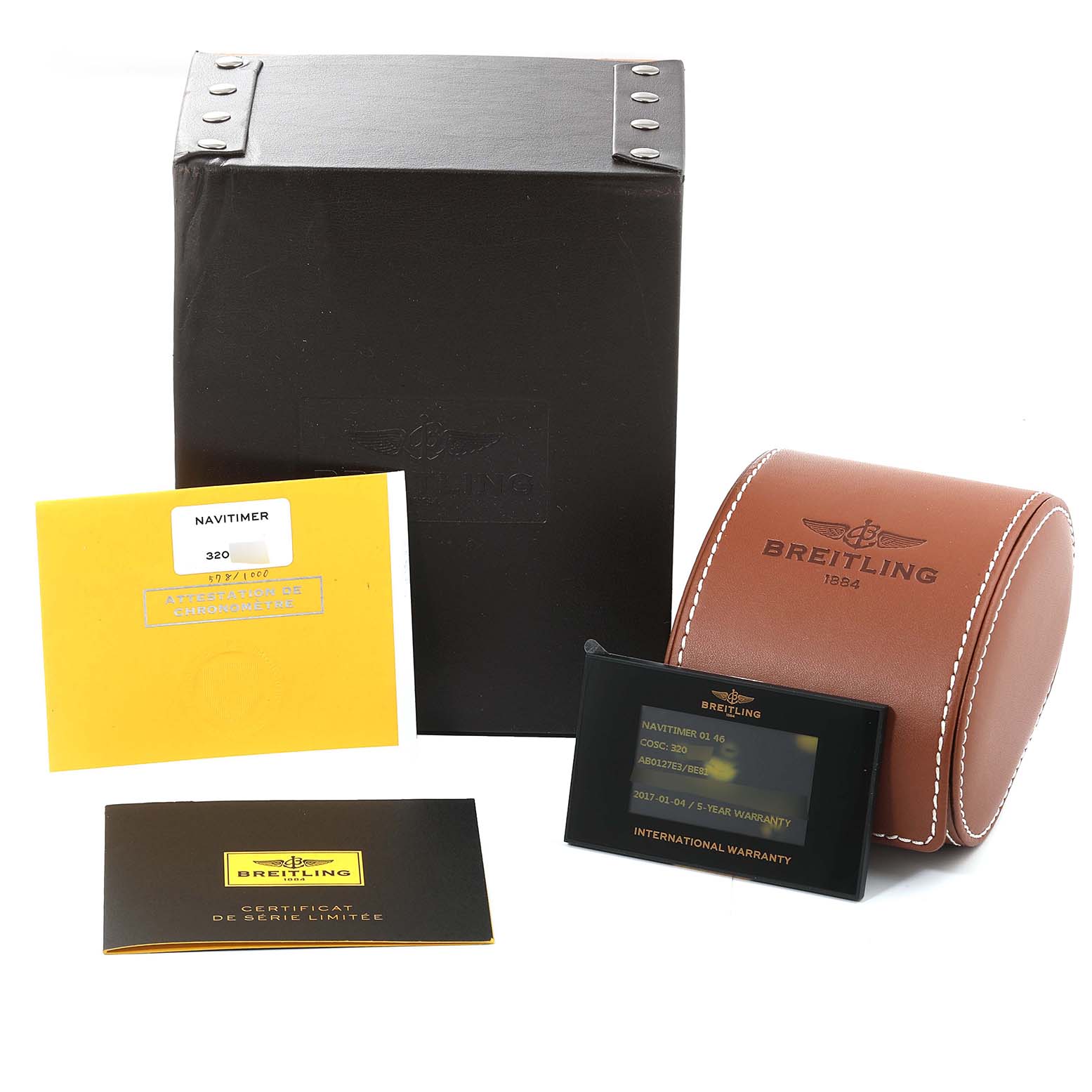 The image shows the packaging, warranty card, and booklets for a Breitling Navitimer AB0127 Men's Stainless Steel Black Dial AB0127 Men's Stainless Steel Black Dial watch.