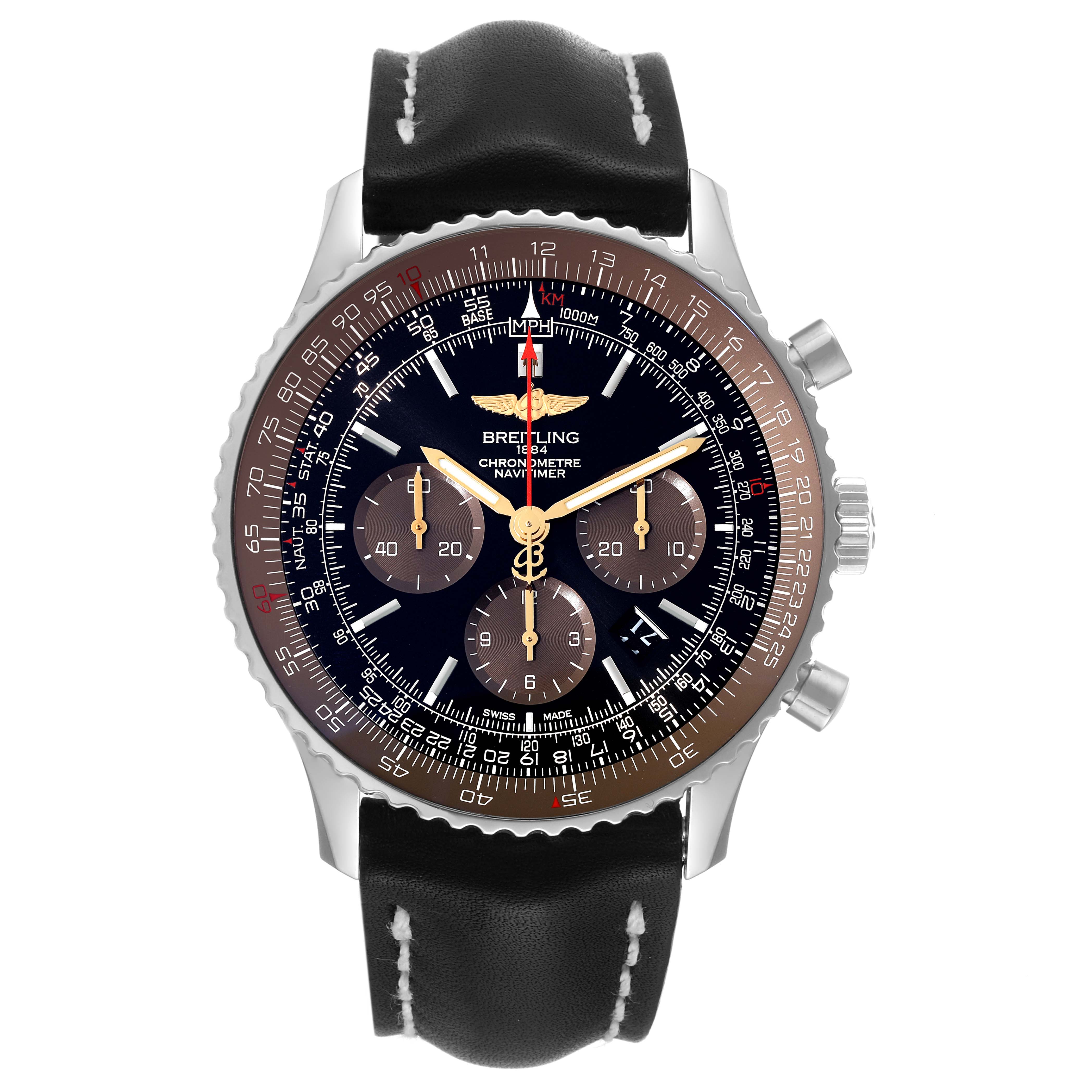 The image shows a front view of a Breitling Navitimer AB0127 Men's Stainless Steel Black Dial AB0127 Men's Stainless Steel Black Dial watch, highlighting the face, bezel, chronograph dials, and leather strap.