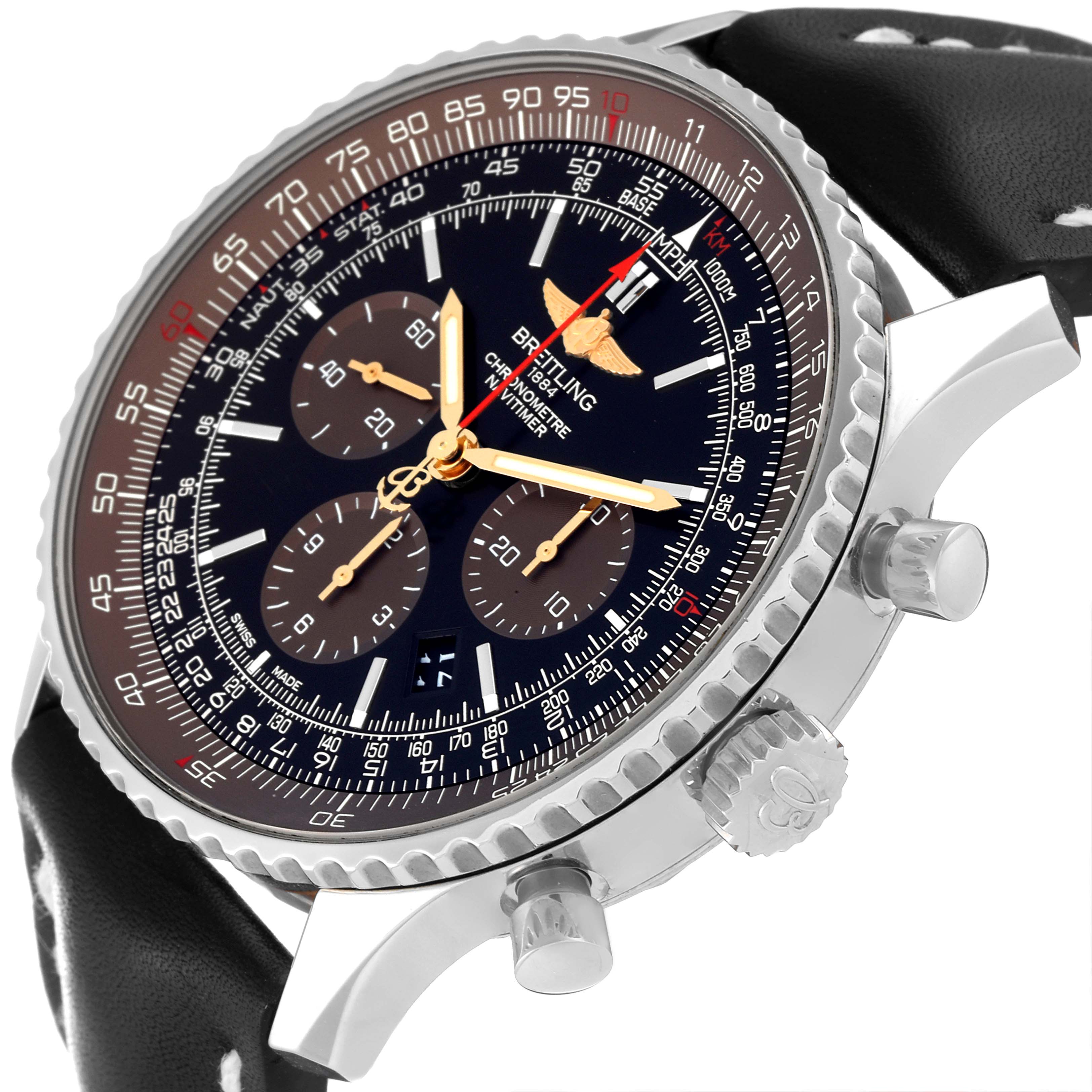 The image shows a close-up angle of a Breitling Navitimer AB0127 Men's Stainless Steel Black Dial AB0127 Men's Stainless Steel Black Dial watch, highlighting the face, crown, pushers, and a portion of the leather strap.