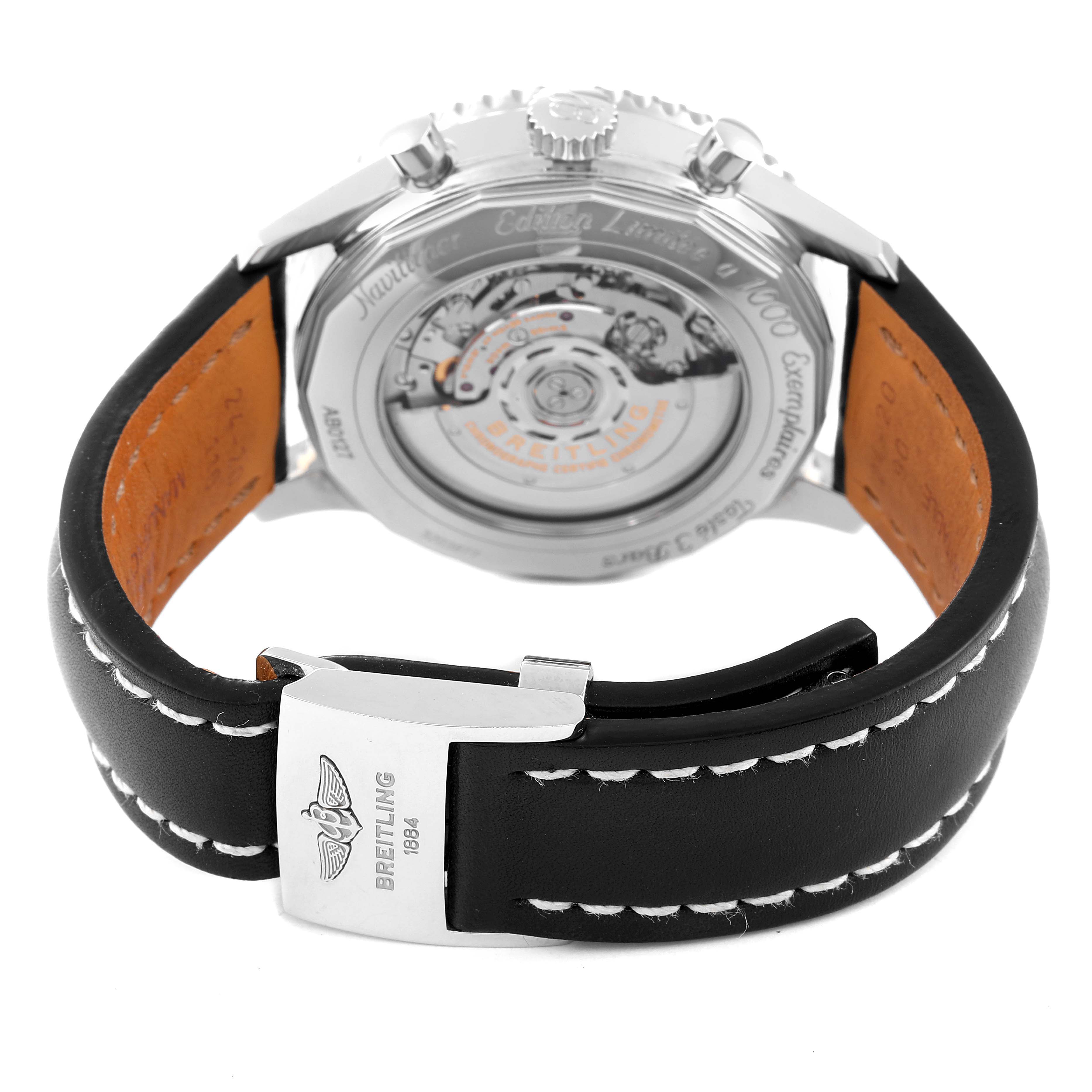 The image shows the rear angle of the Breitling Navitimer AB0127 Men's Stainless Steel Black Dial AB0127 Men's Stainless Steel Black Dial watch, highlighting the case back and leather strap with a clasp.