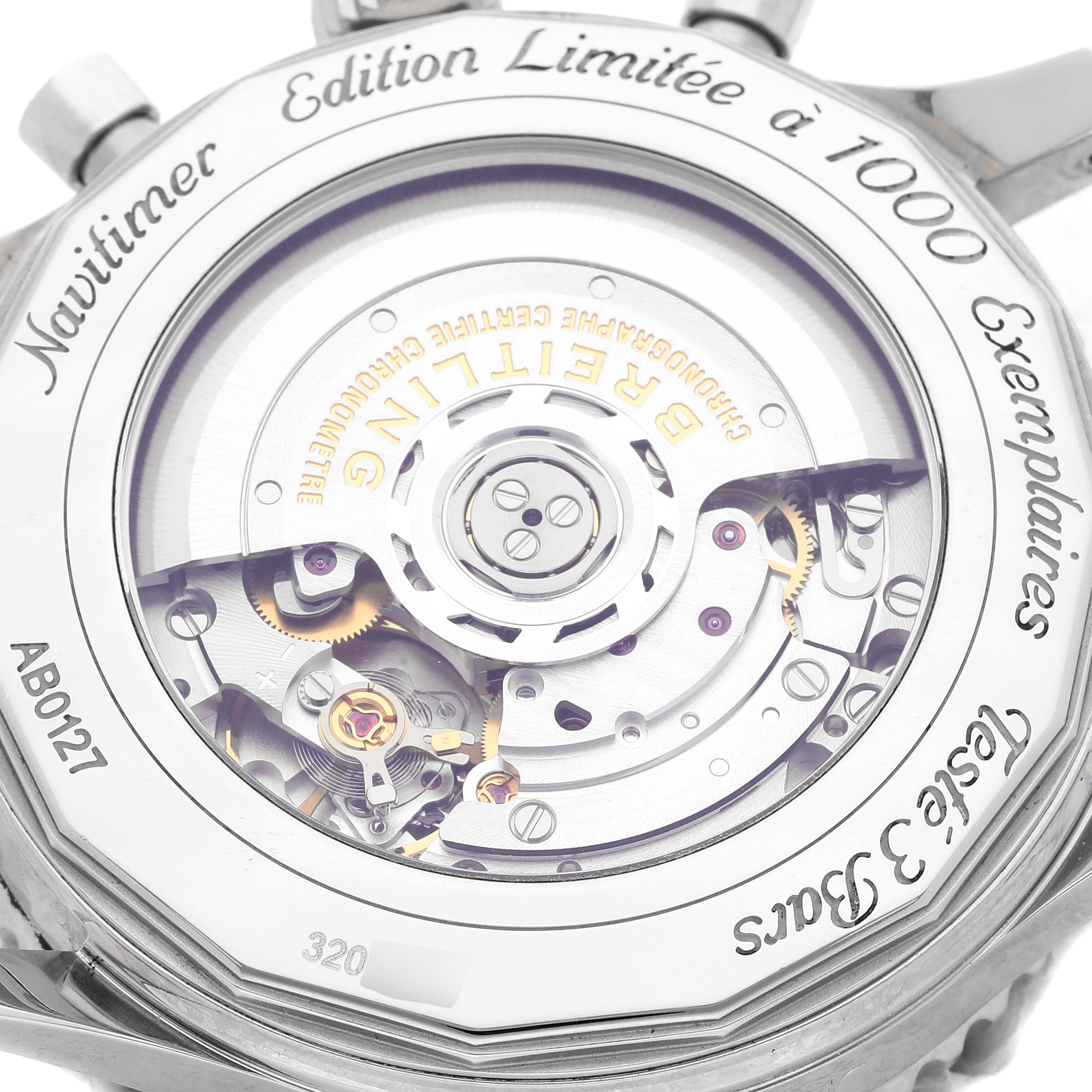 This image shows the back view of a Breitling Navitimer AB0127 Men's Stainless Steel Black Dial AB0127 Men's Stainless Steel Black Dial watch, highlighting its internal mechanical movement.