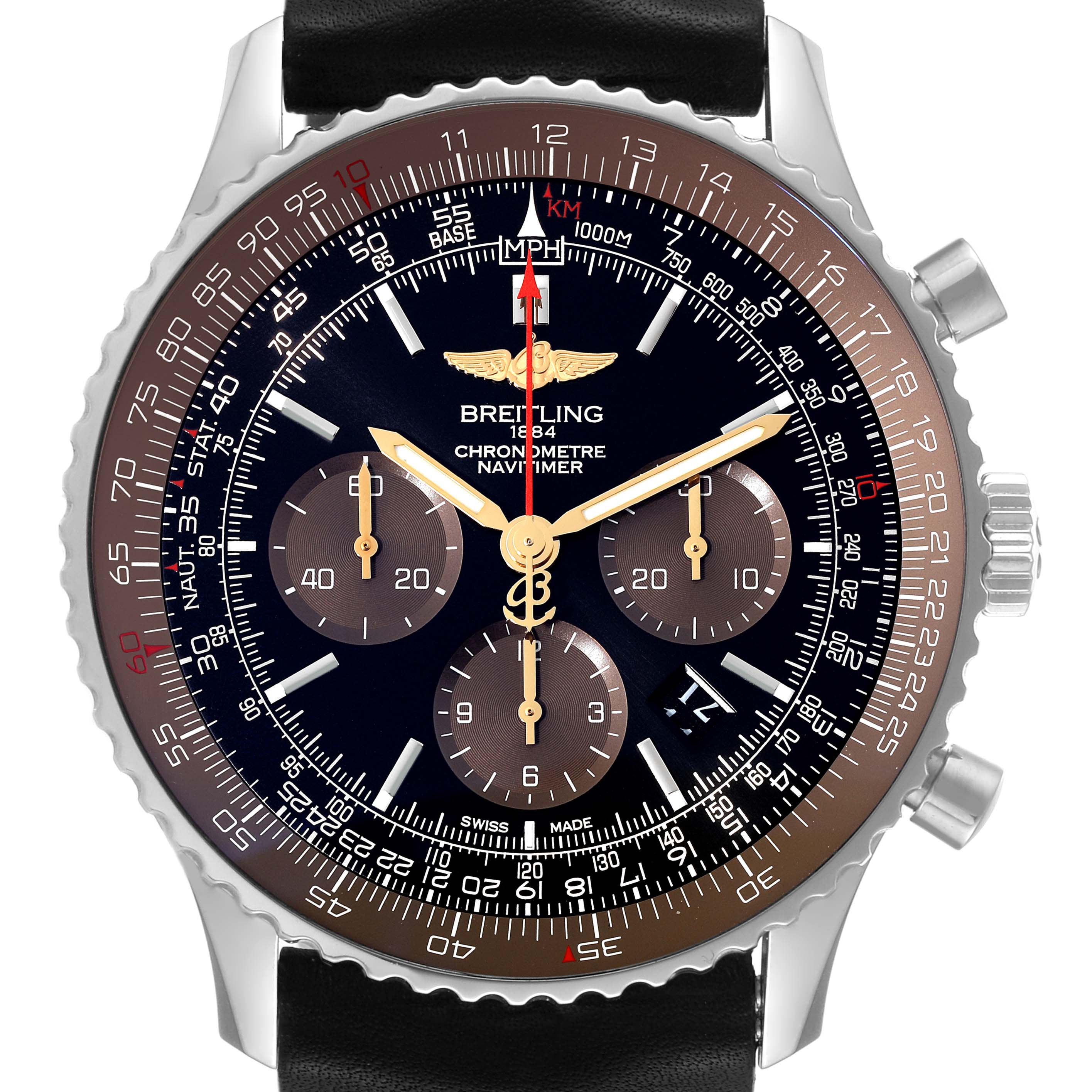 The image shows a front view of the Breitling Navitimer AB0127 Men's Stainless Steel Black Dial AB0127 Men's Stainless Steel Black Dial watch, displaying its dial, bezel, and leather strap.