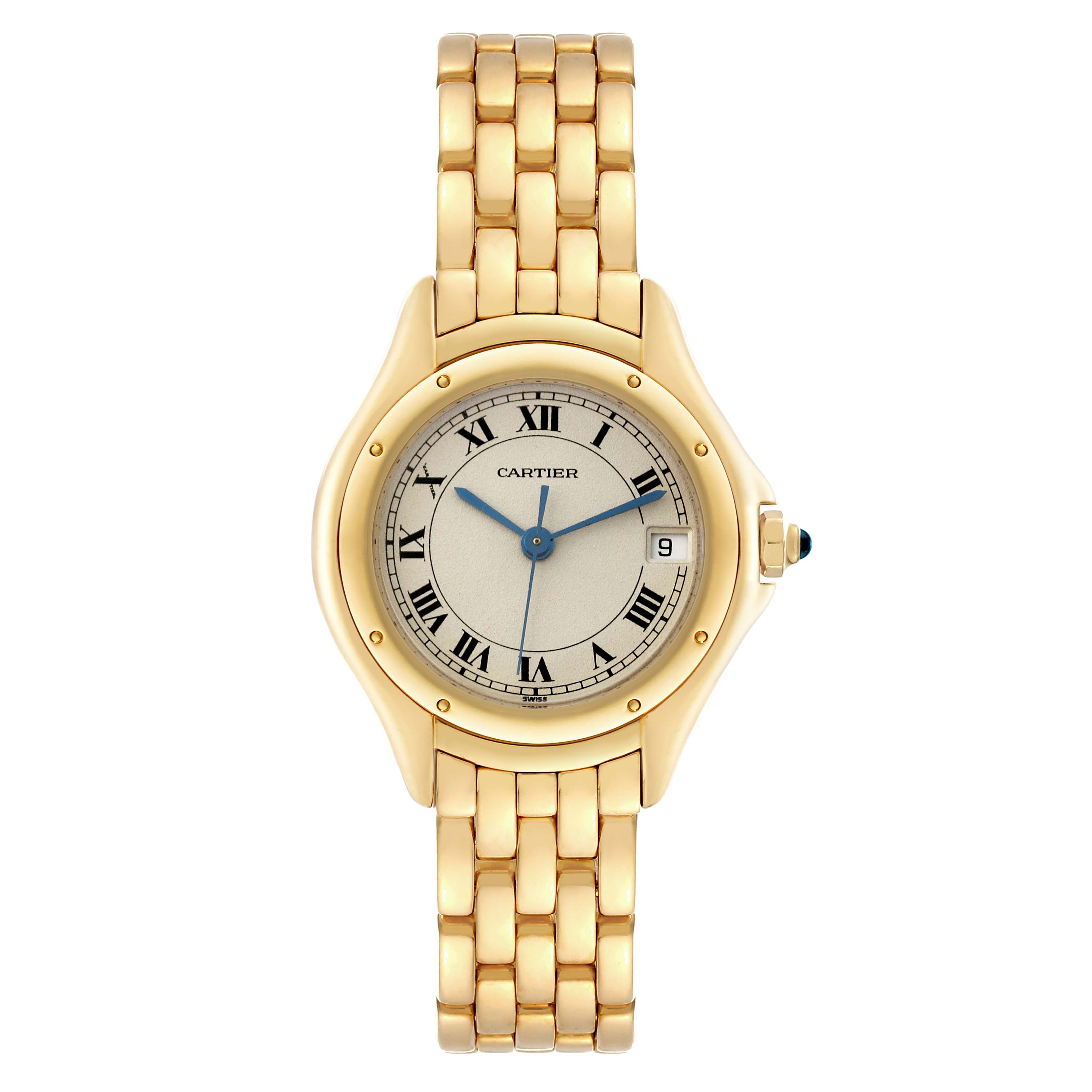 The image shows a Panthere model watch by Cartier from a front view, displaying the face, bracelet, and crown.