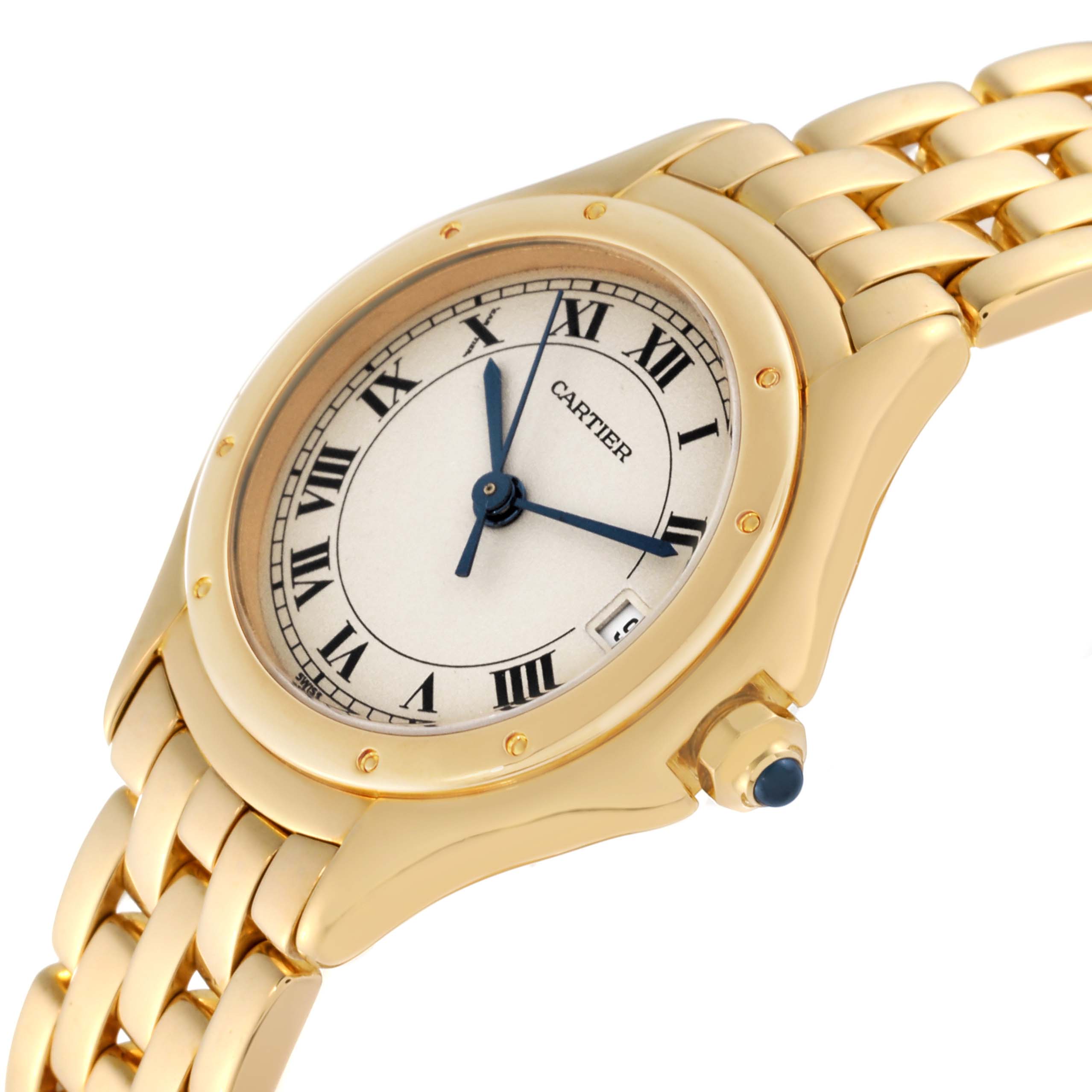 The image shows a close-up angle of a Cartier Panthere 887906 Women's Yellow Gold Silver Dial 887906 Women's Yellow Gold Silver Dial watch, highlighting its gold case, bracelet, Roman numerals dial, and blue hands.