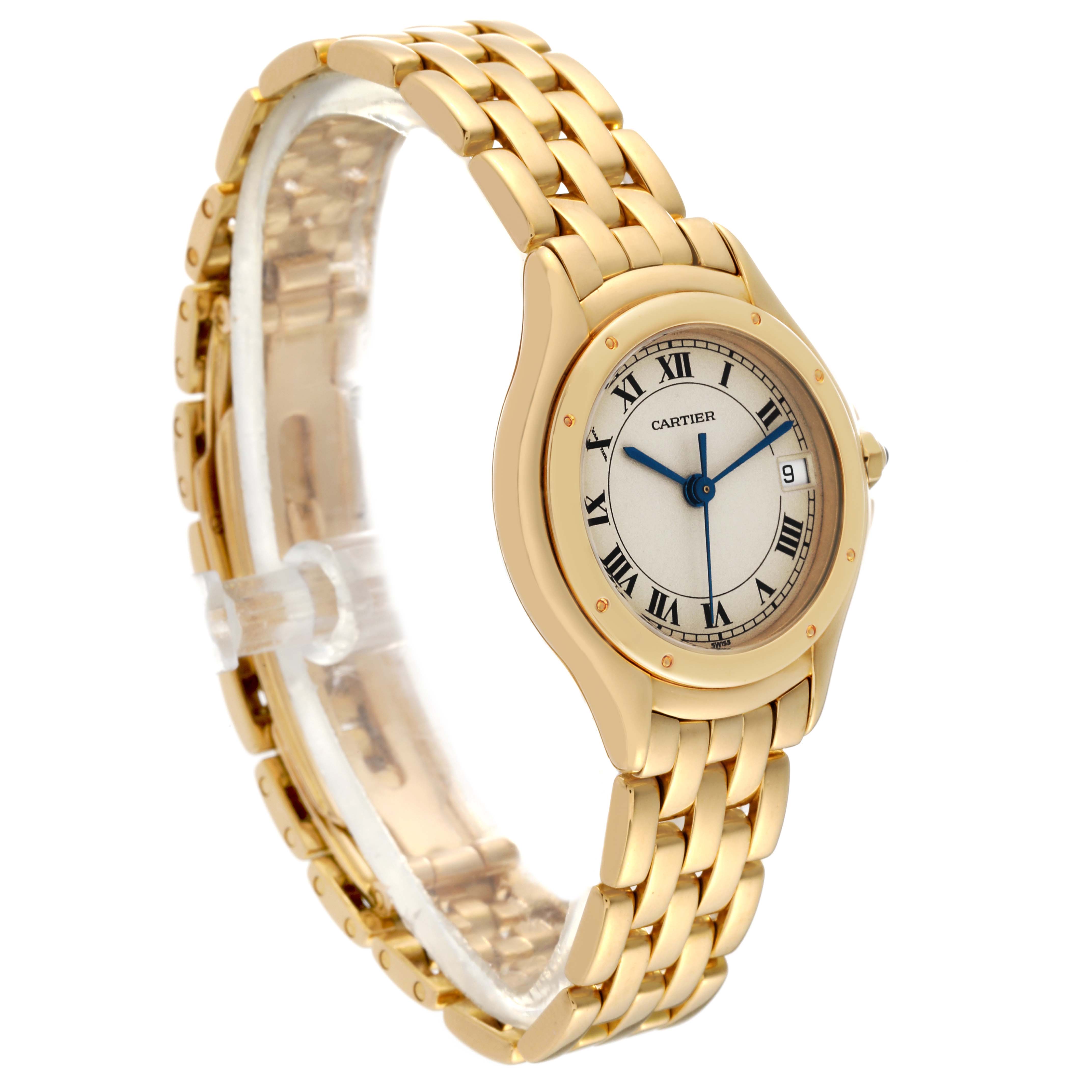 The image shows a side angle view of the Cartier Panthere 887906 Women's Yellow Gold Silver Dial 887906 Women's Yellow Gold Silver Dial watch, highlighting its gold case, Roman numeral dial, and linked bracelet.