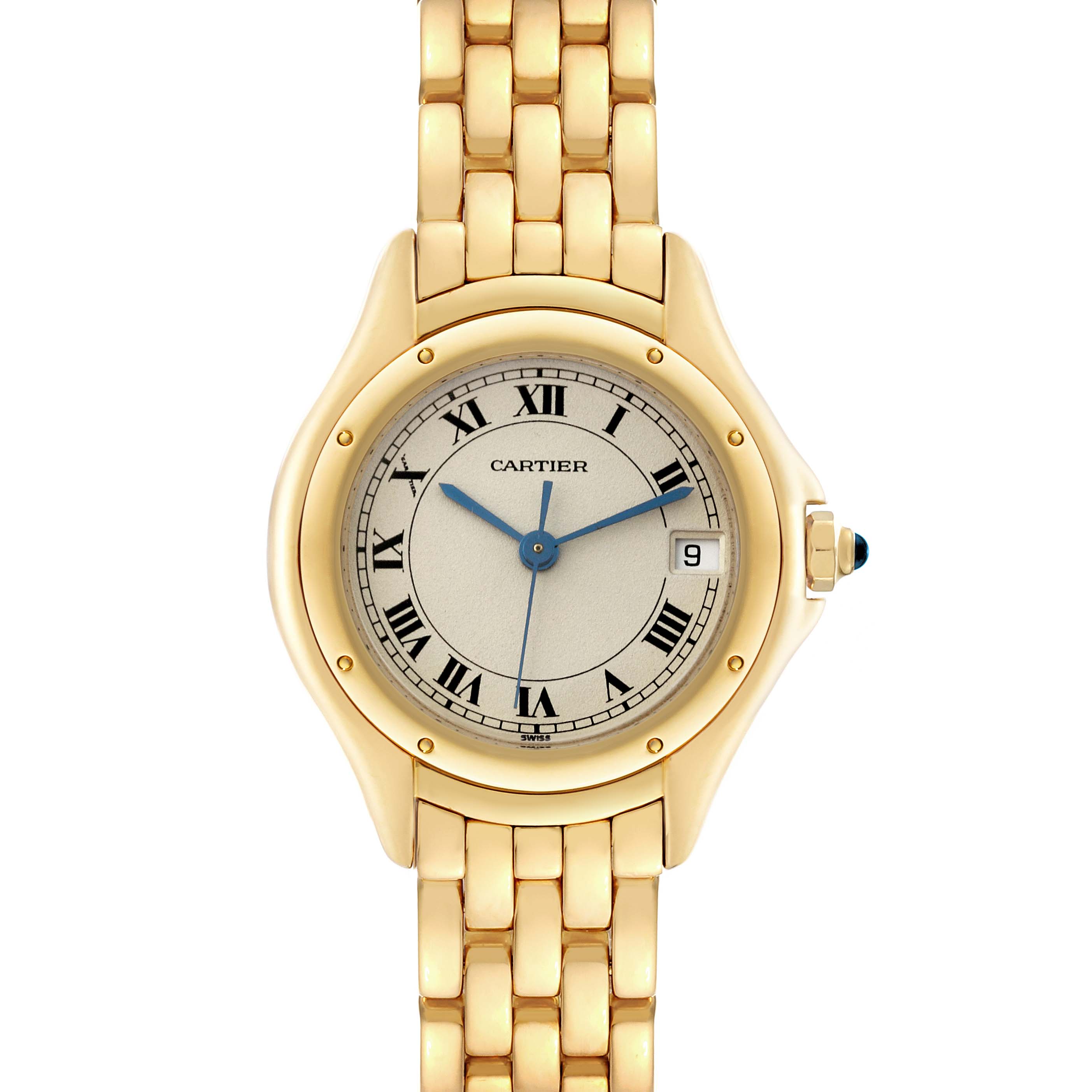 This image shows a front view of the Cartier Panthere 887906 Women's Yellow Gold Silver Dial 887906 Women's Yellow Gold Silver Dial watch, displaying the face, dial, bezel, and part of the bracelet.