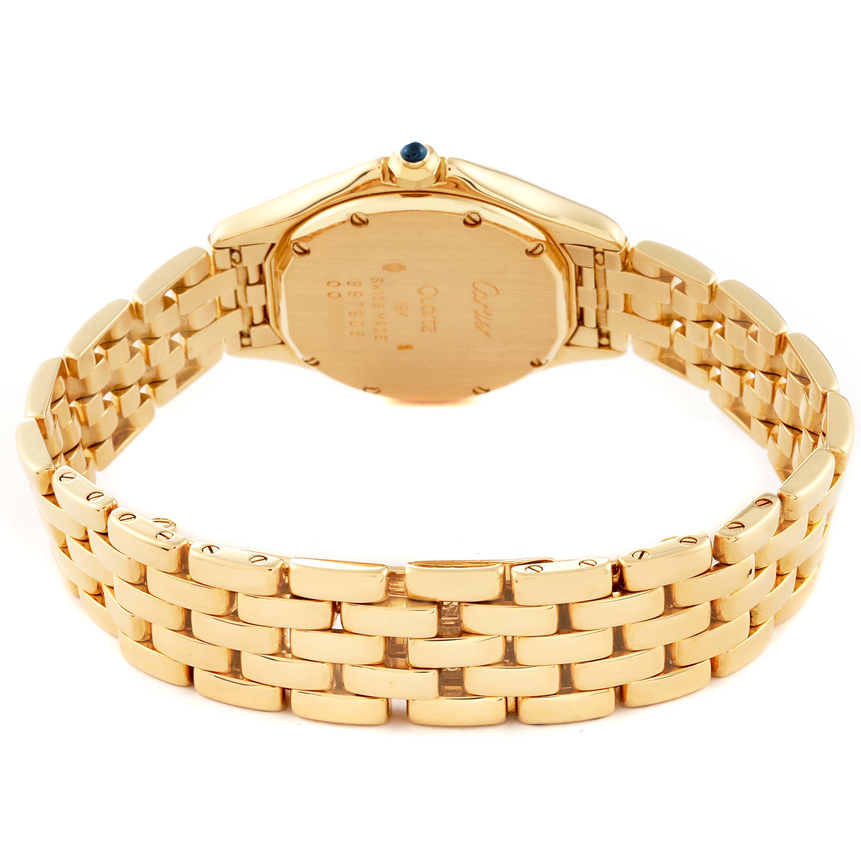 The image shows the backside and bracelet of a Cartier Panthere 887906 Women's Yellow Gold Silver Dial 887906 Women's Yellow Gold Silver Dial watch, highlighting the gold band and case back.