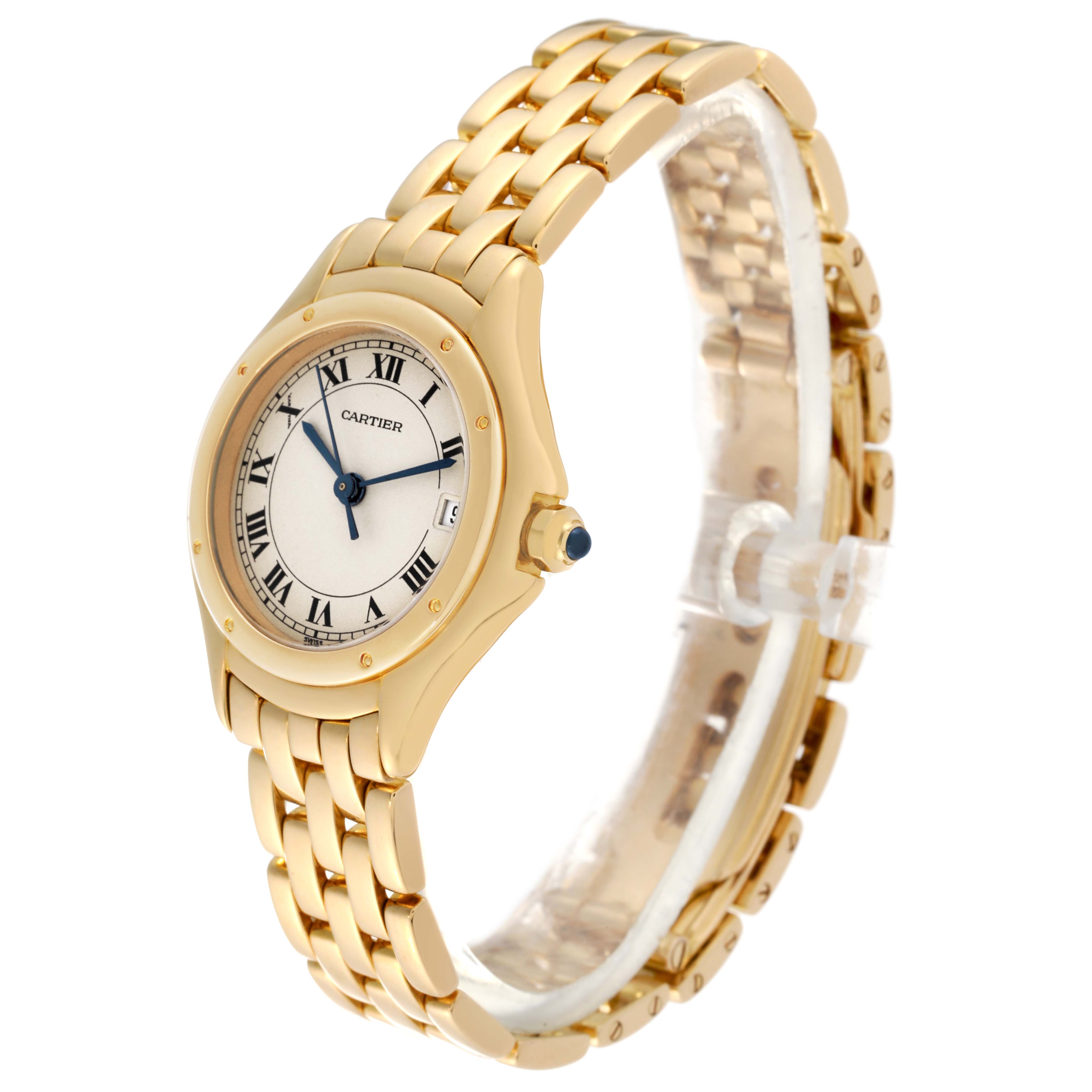 This image shows a side and front angle of the Cartier Panthere 887906 Women's Yellow Gold Silver Dial 887906 Women's Yellow Gold Silver Dial model watch, highlighting its gold bracelet and dial.