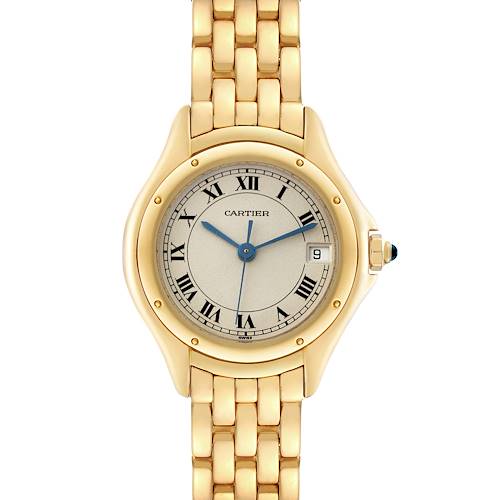 This image shows a front view of the Cartier Panthere watch, highlighting its gold bracelet and analog dial.