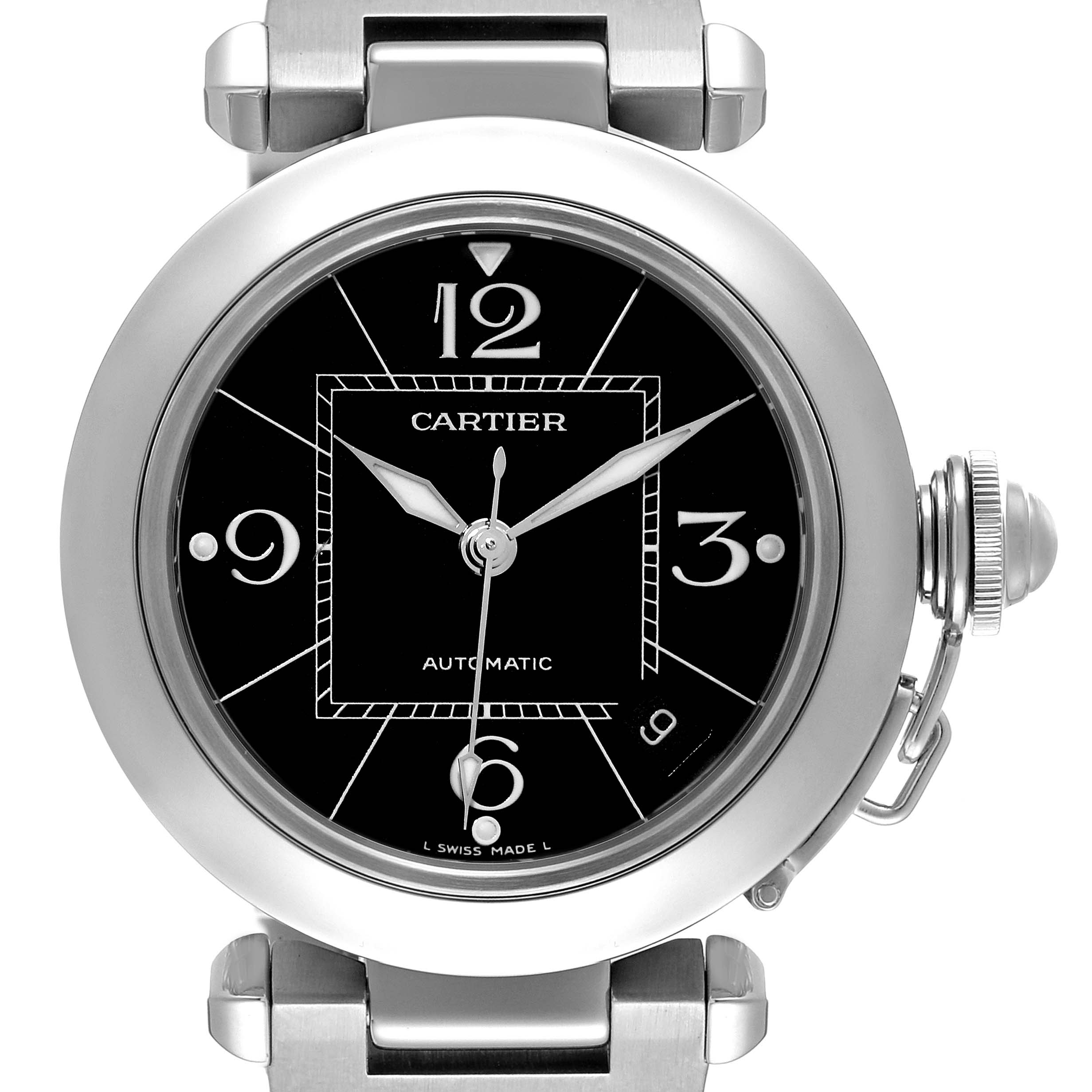 This image shows a frontal view of a Cartier Pasha W31076M7 Women's Stainless Steel Black Dial W31076M7 Women's Stainless Steel Black Dial watch, highlighting its black dial, hour markers, hands, and screw-down crown.