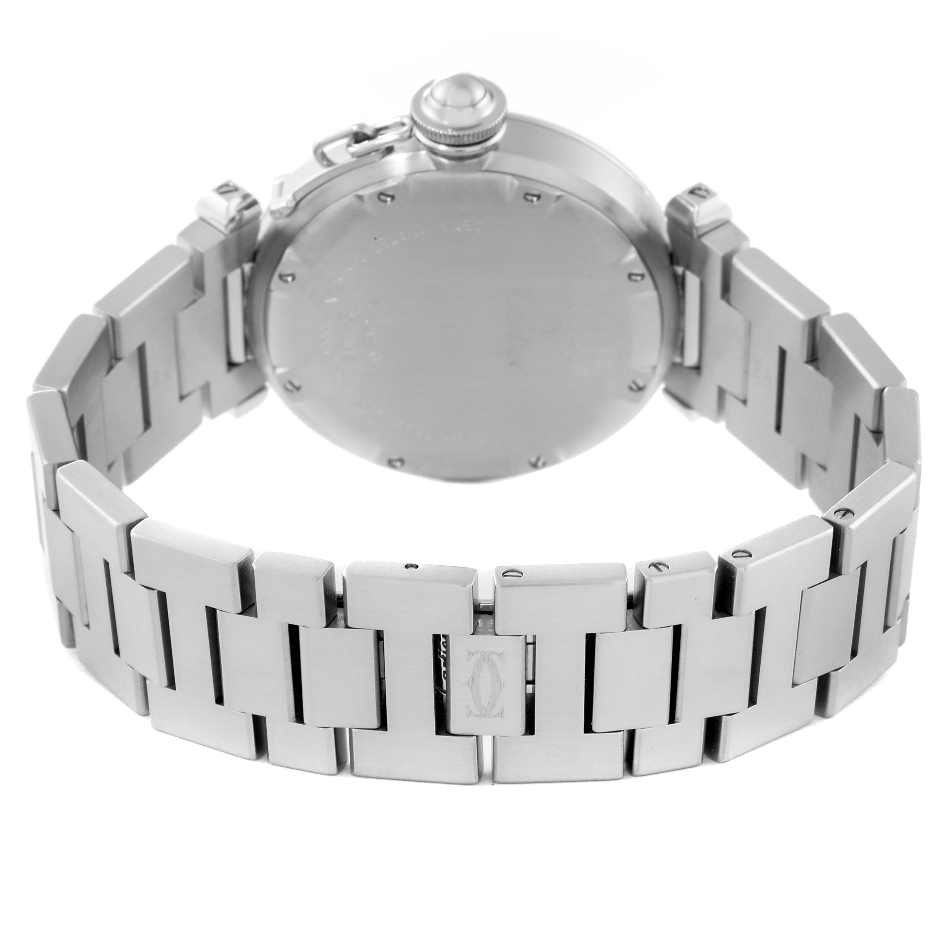 This image shows the back view of a Cartier Pasha W31076M7 Women's Stainless Steel Black Dial W31076M7 Women's Stainless Steel Black Dial watch, highlighting its stainless steel bracelet and case back.