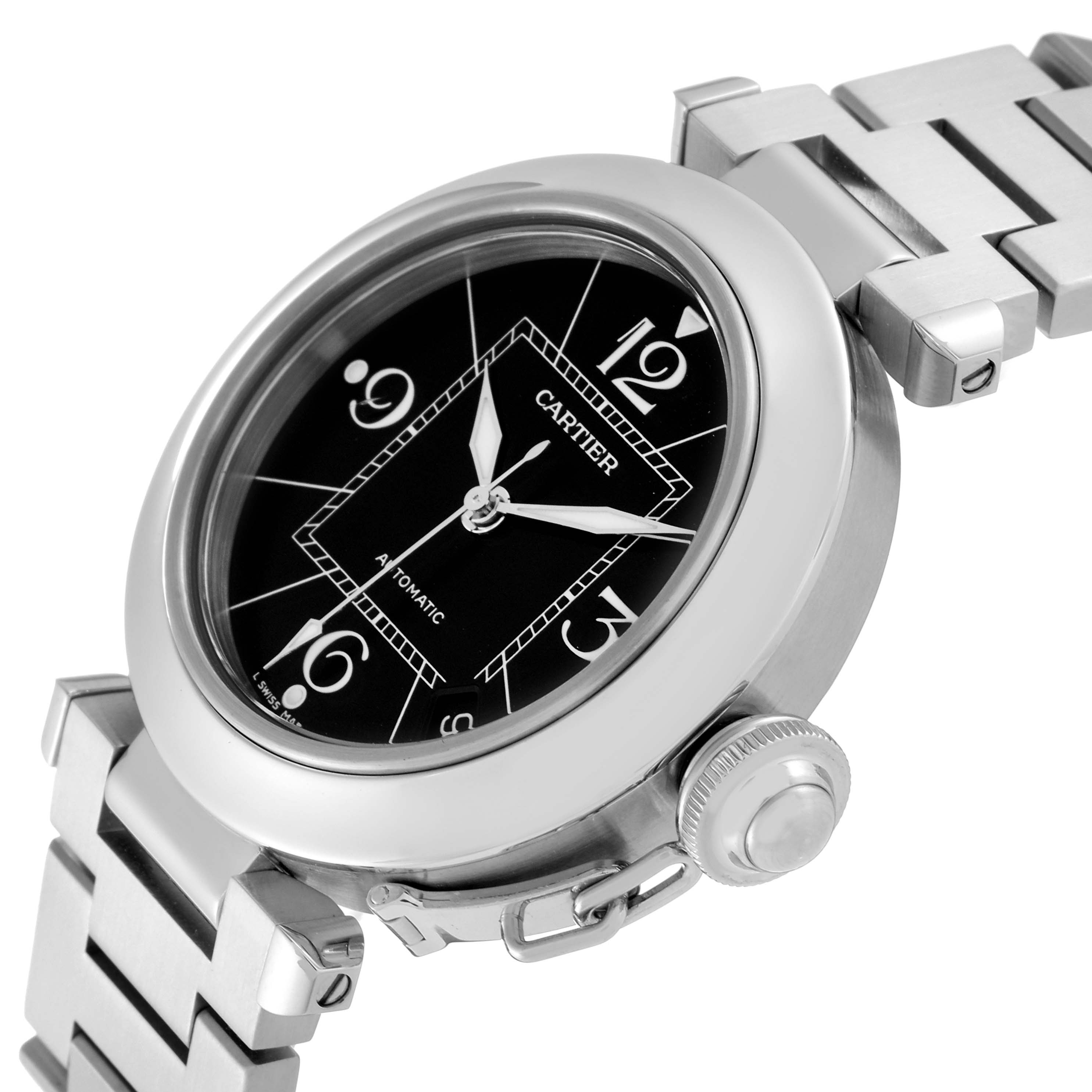 This image shows a Cartier Pasha W31076M7 Women's Stainless Steel Black Dial W31076M7 Women's Stainless Steel Black Dial watch at an oblique angle, highlighting the case, dial, hands, crown, and part of the bracelet.