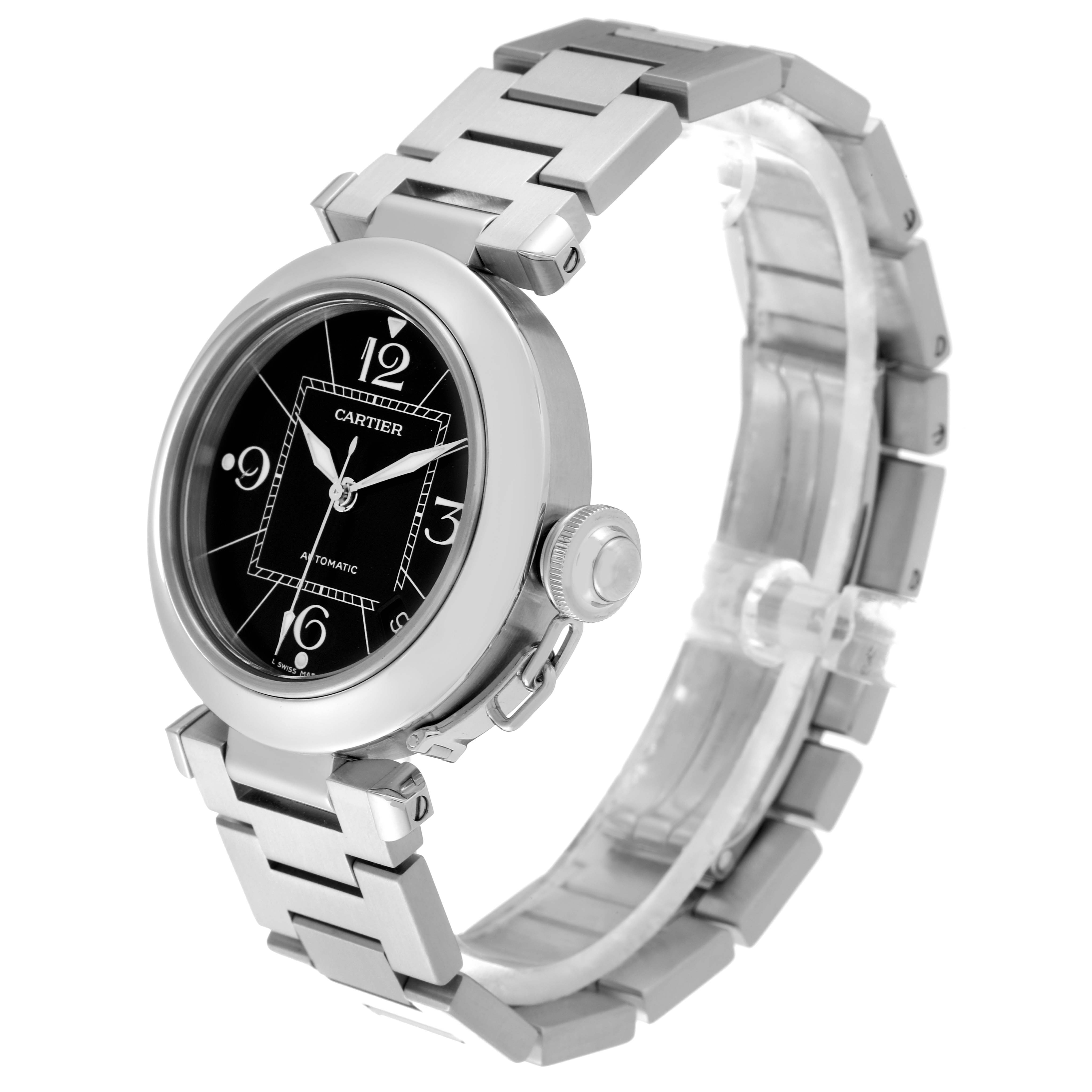 The Cartier Pasha W31076M7 Women's Stainless Steel Black Dial W31076M7 Women's Stainless Steel Black Dial watch is shown at a three-quarter angle, displaying the black dial, case, crown, and metal bracelet.