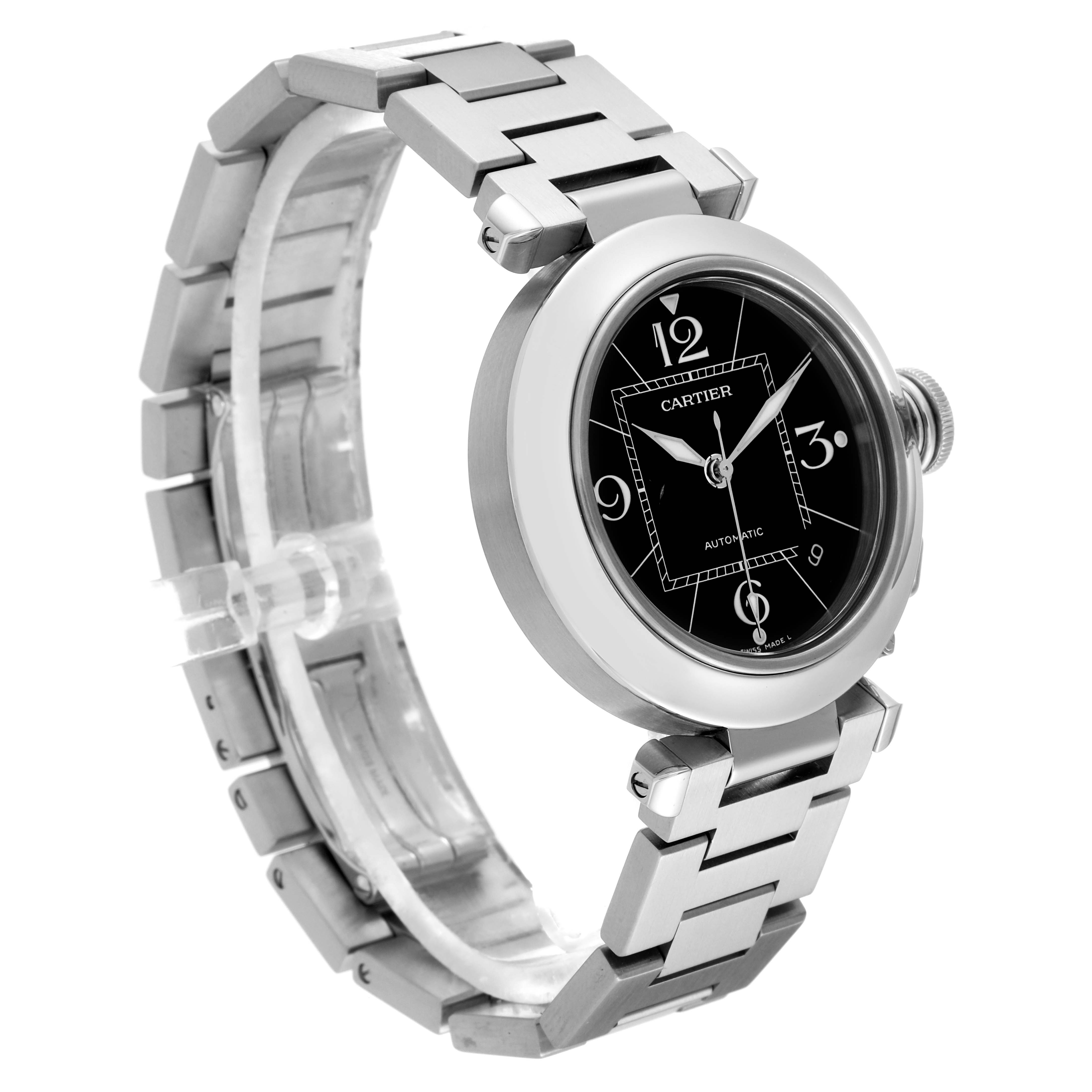 The Cartier Pasha W31076M7 Women's Stainless Steel Black Dial W31076M7 Women's Stainless Steel Black Dial model watch is shown at an angle, highlighting the dial, bracelet, and crown.