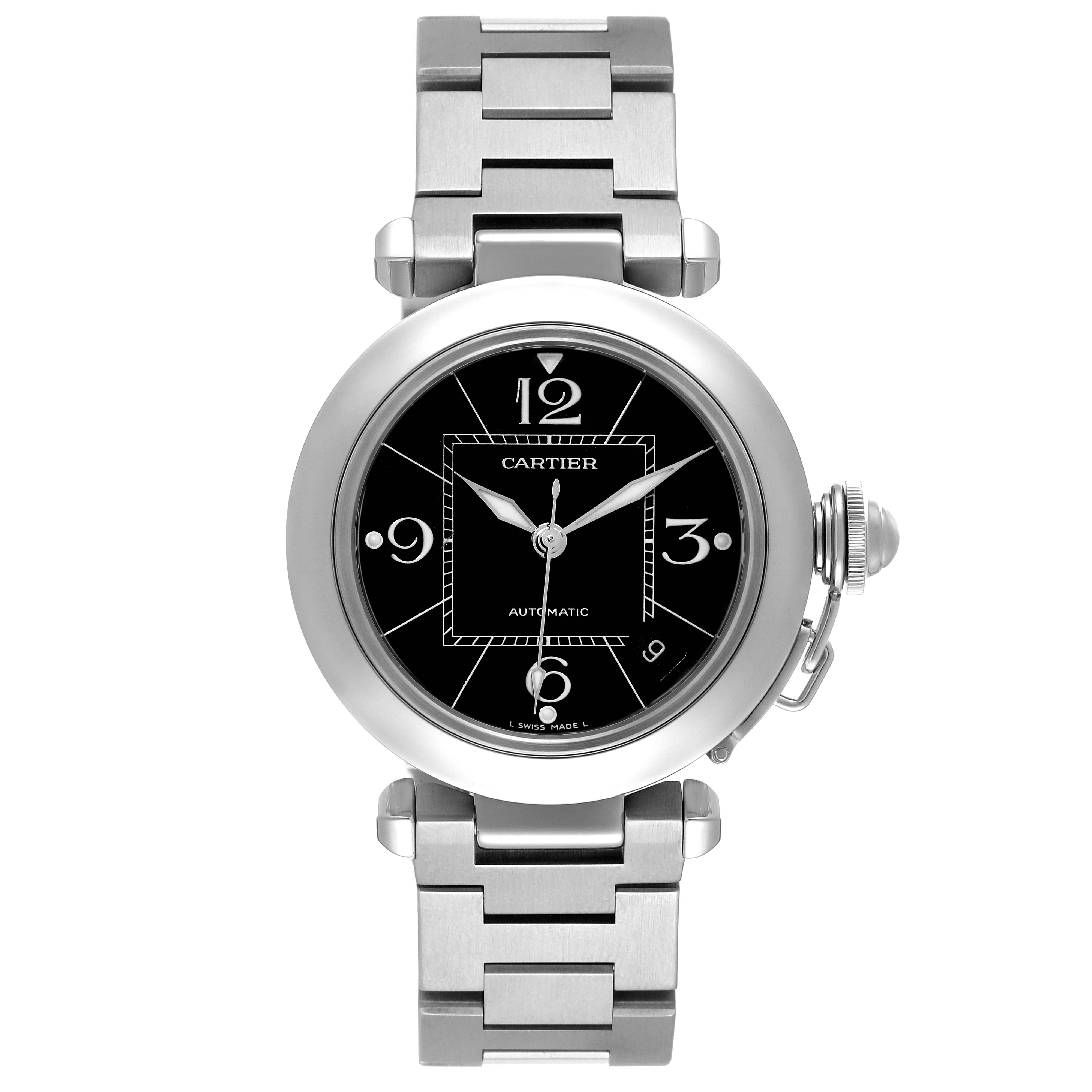 The image shows a frontal view of the Cartier Pasha W31076M7 Women's Stainless Steel Black Dial W31076M7 Women's Stainless Steel Black Dial model watch, highlighting its round face, metal bracelet, and prominent crown.