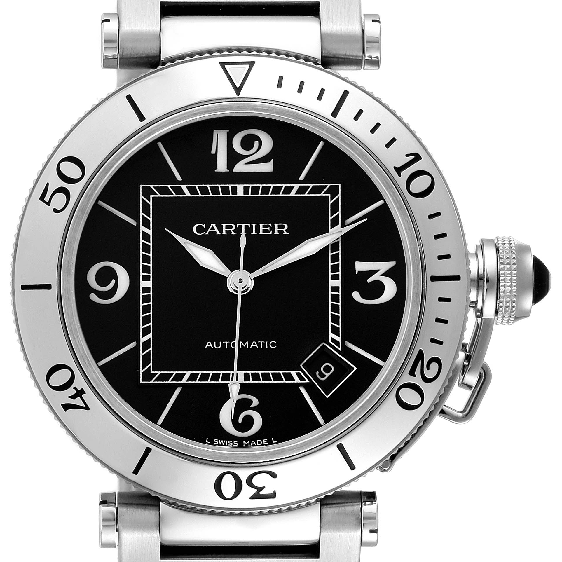 The image shows a close-up, front view of the Cartier Pasha W31077M7 Men
s Stainless Steel Black Dial W31077M7 Men
s Stainless Steel Black Dial model watch, highlighting the dial, hands, bezel, and crown.