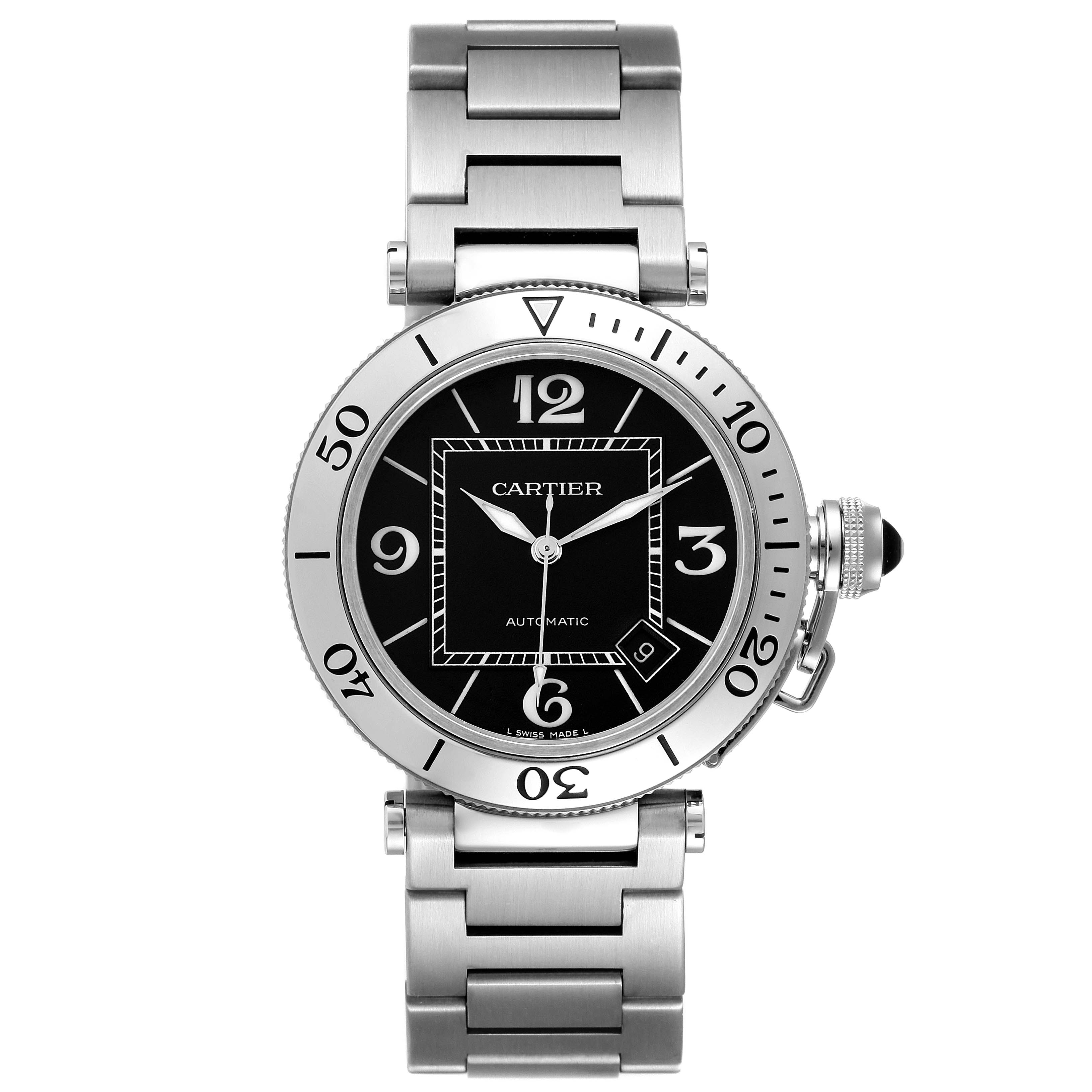The image shows a front view of the Cartier Pasha W31077M7 Men
s Stainless Steel Black Dial W31077M7 Men
s Stainless Steel Black Dial watch, highlighting its dial, bezel, and stainless steel bracelet.