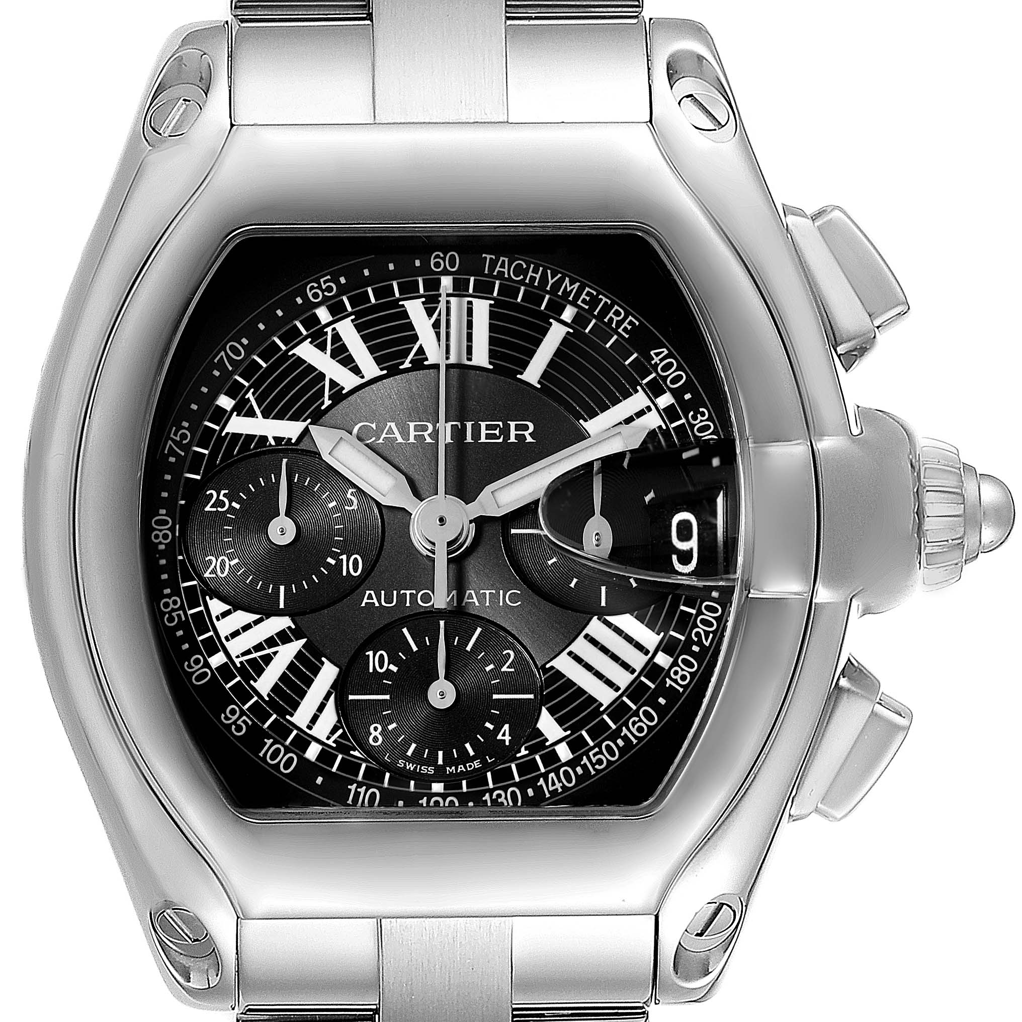 The Cartier Roadster W62007X6 Men's Stainless Steel Black Dial W62007X6 Men's Stainless Steel Black Dial watch is shown from the front, displaying the dial, tachymeter, and chronograph features.