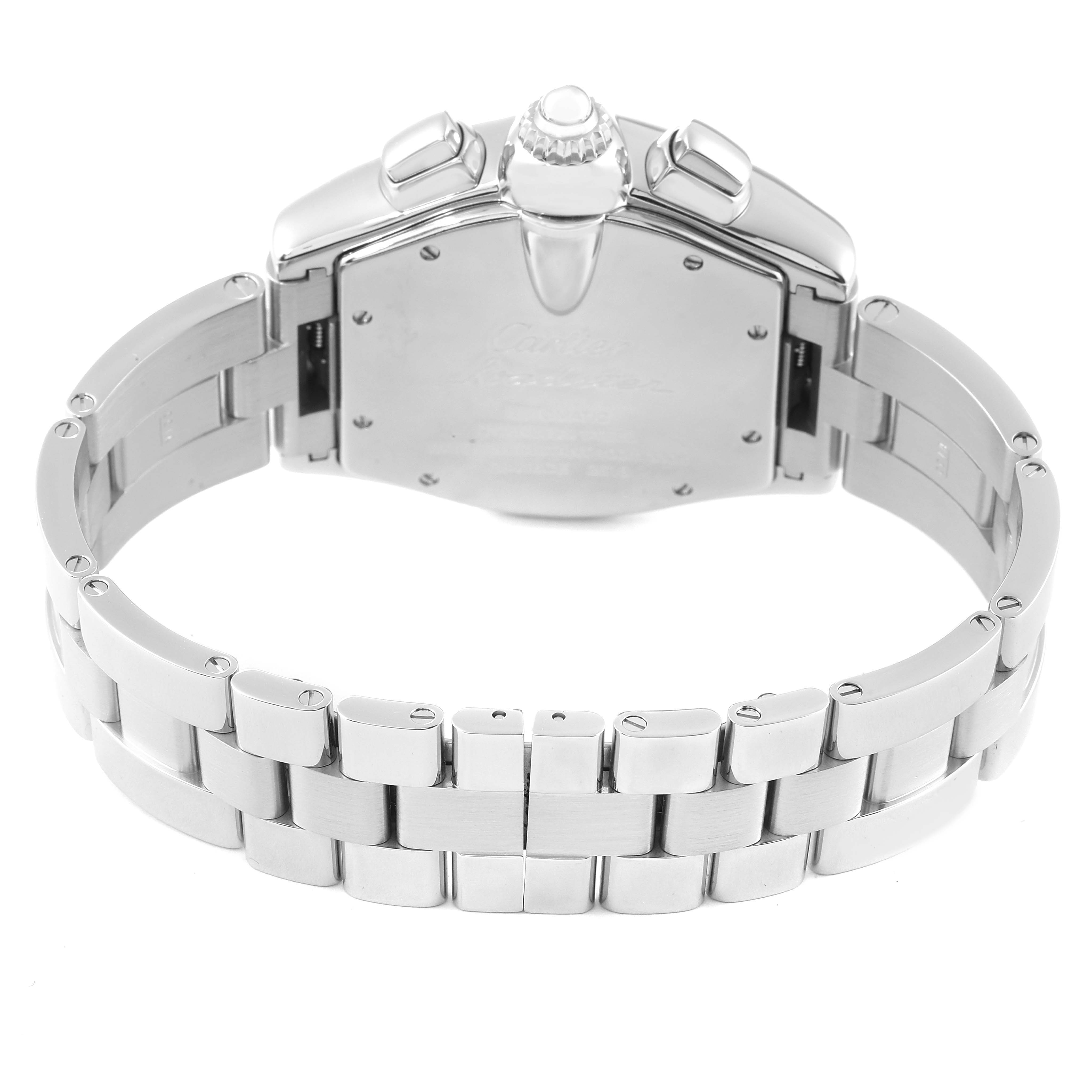 This image shows the backside and bracelet of the Cartier Roadster W62007X6 Men's Stainless Steel Black Dial W62007X6 Men's Stainless Steel Black Dial watch at a slight angle.