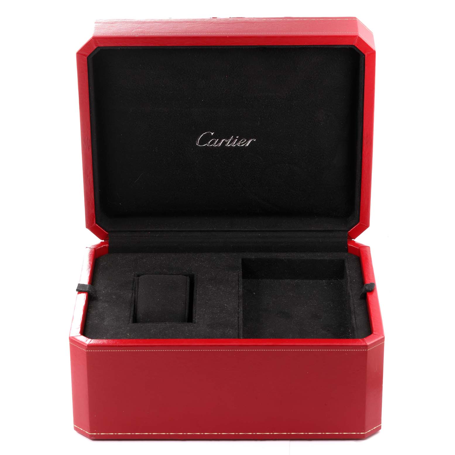 This image shows an open red watch box for the Cartier Roadster W62007X6 Men's Stainless Steel Black Dial W62007X6 Men's Stainless Steel Black Dial model, displaying its interior compartments.
