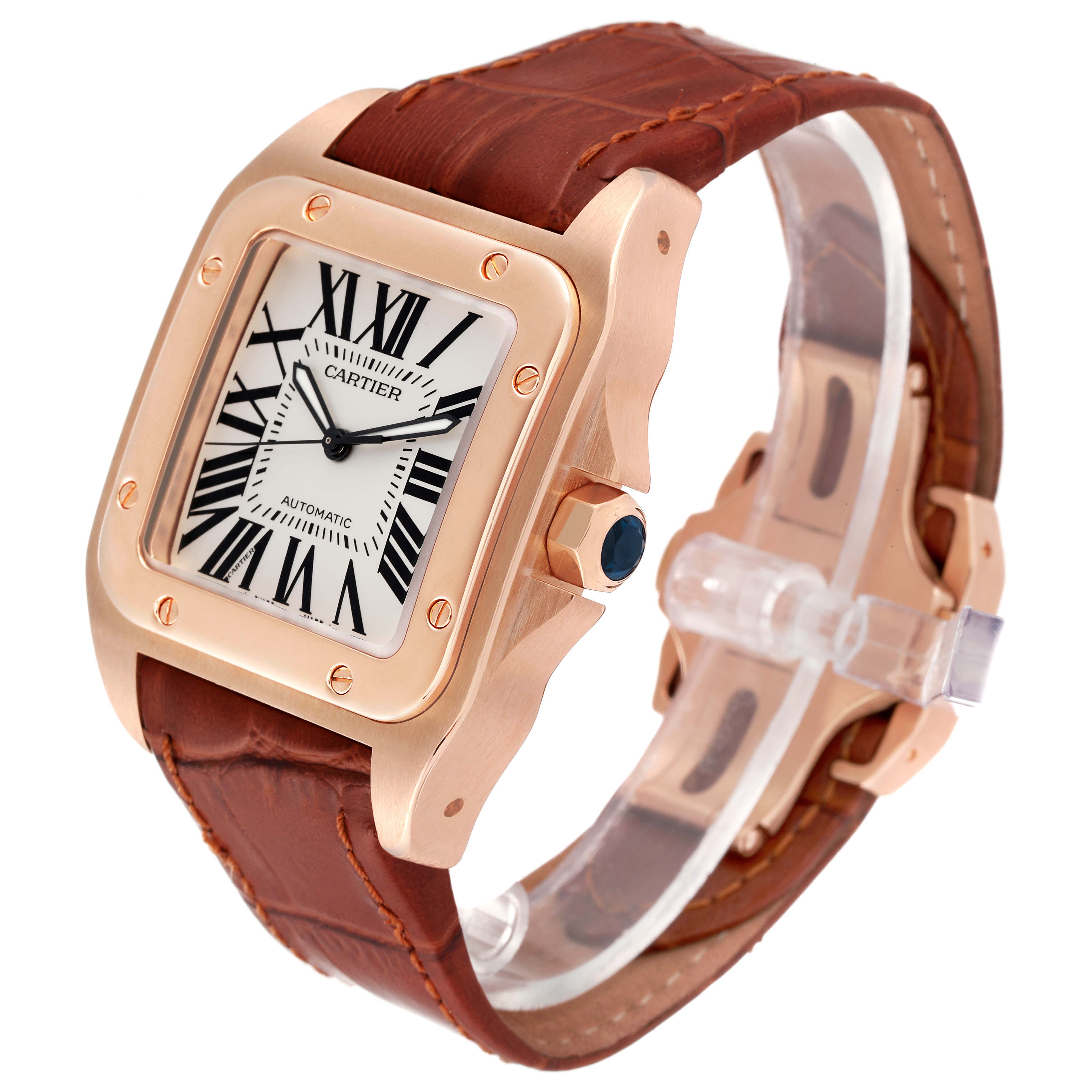 The image shows a Cartier Santos W20095Y1 Men's Rose Gold Silver Dial W20095Y1 Men's Rose Gold Silver Dial watch at a three-quarter angle, highlighting its face, case, and leather strap.