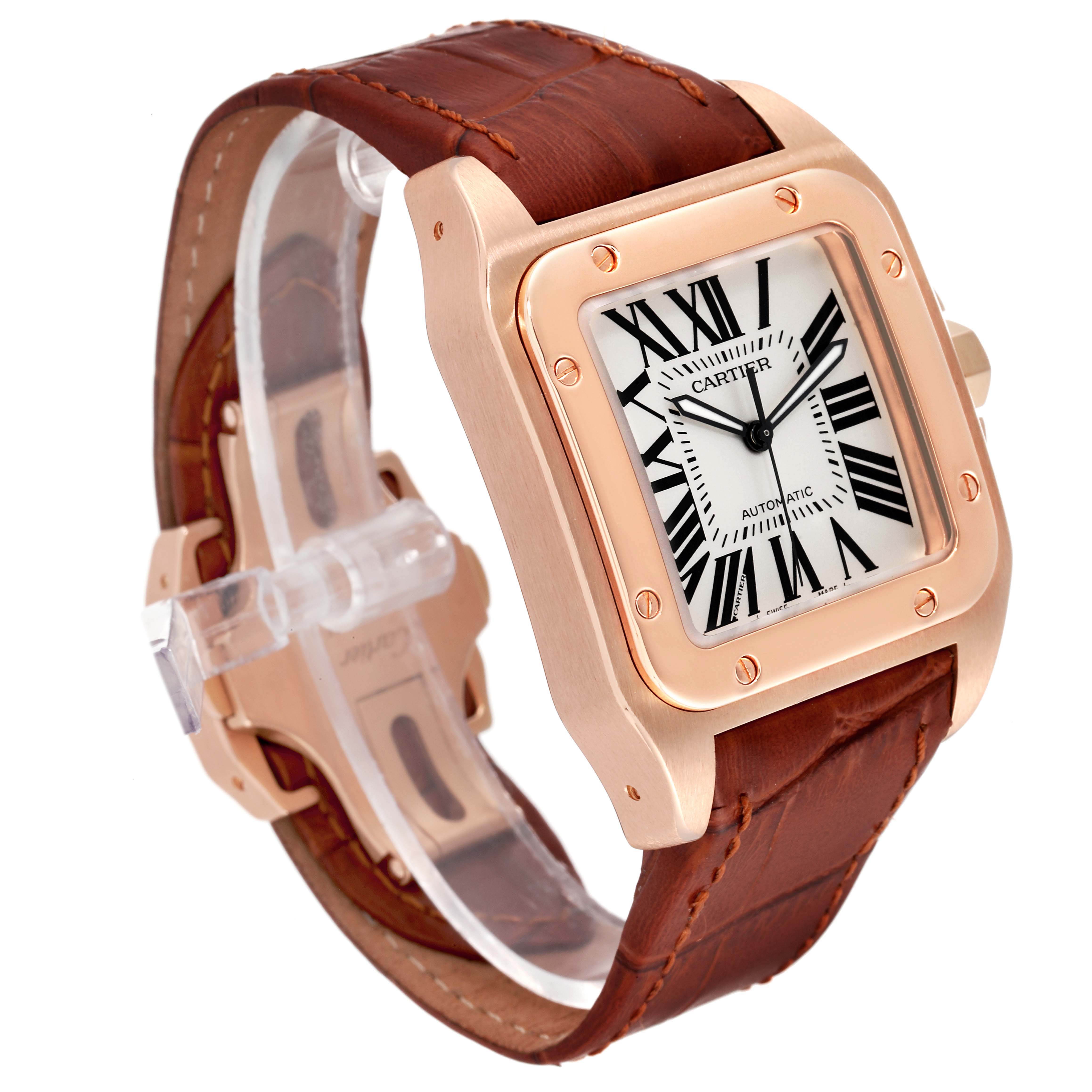The image displays a side angle of a Cartier Santos W20095Y1 Men's Rose Gold Silver Dial W20095Y1 Men's Rose Gold Silver Dial watch, showcasing its square face, rose gold case, and brown leather strap.