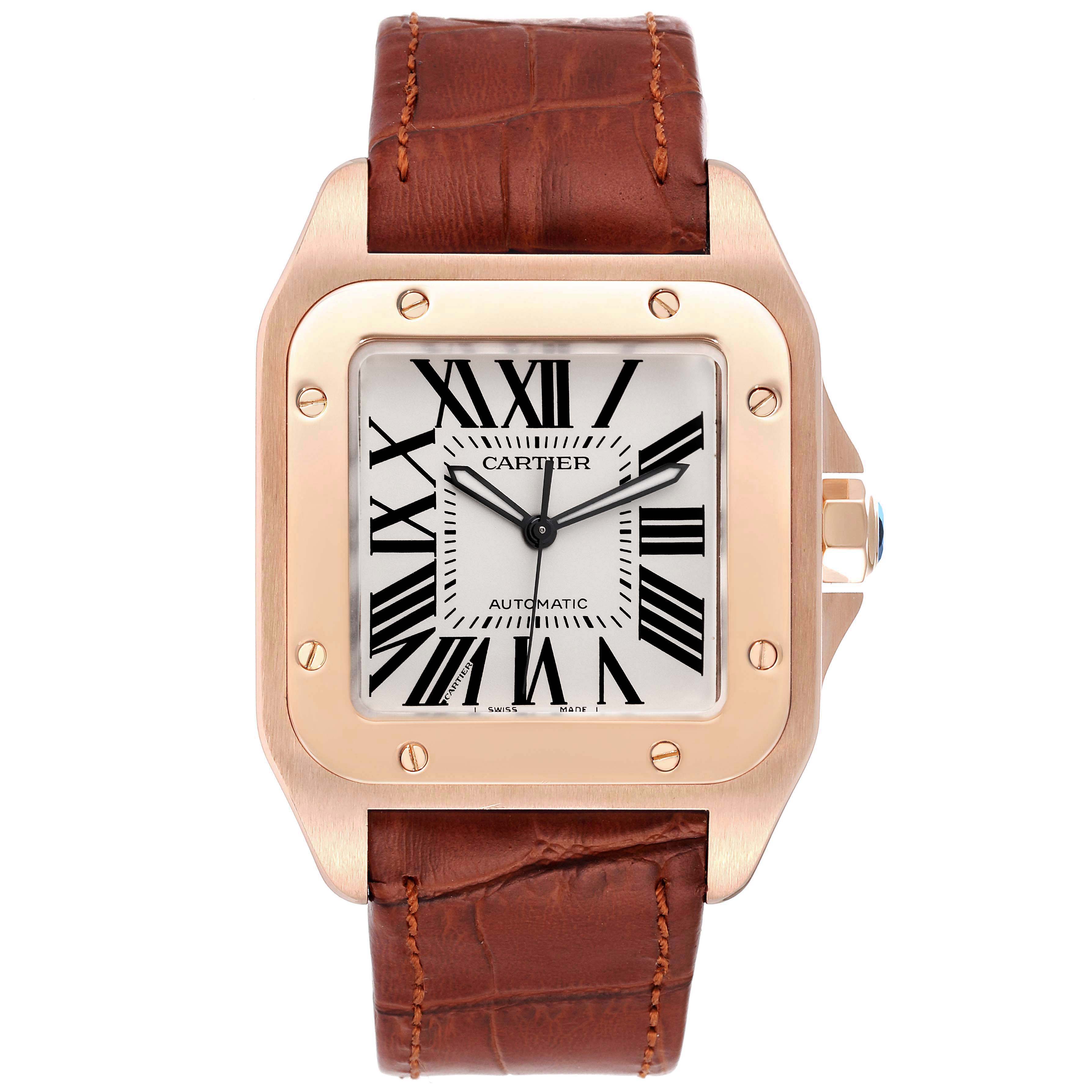 The image shows a front view of a Cartier Santos W20095Y1 Men's Rose Gold Silver Dial W20095Y1 Men's Rose Gold Silver Dial watch, showcasing its face, case, and brown leather strap.