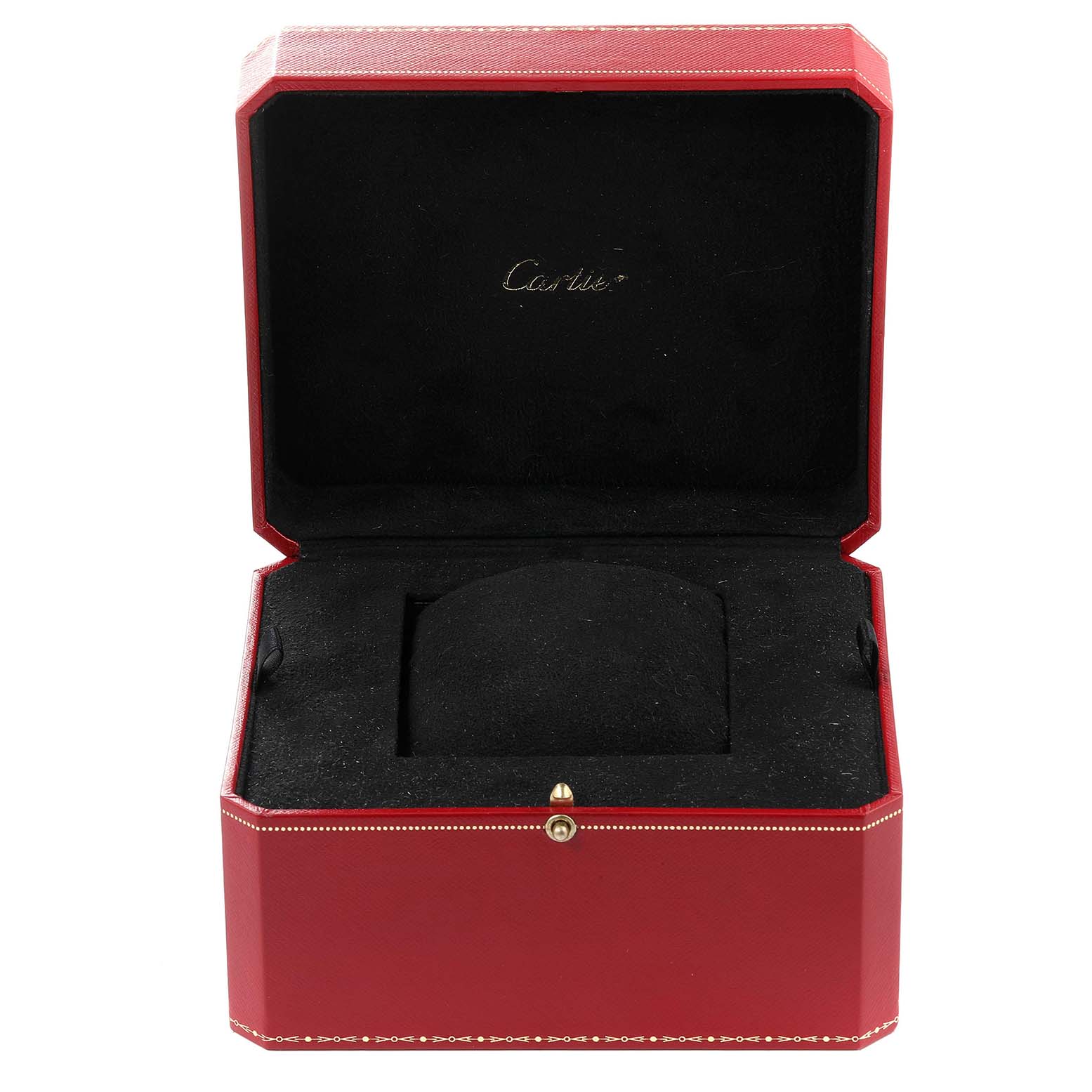 This image shows an open red Cartier box, likely for a Santos model watch, with black interior padding.