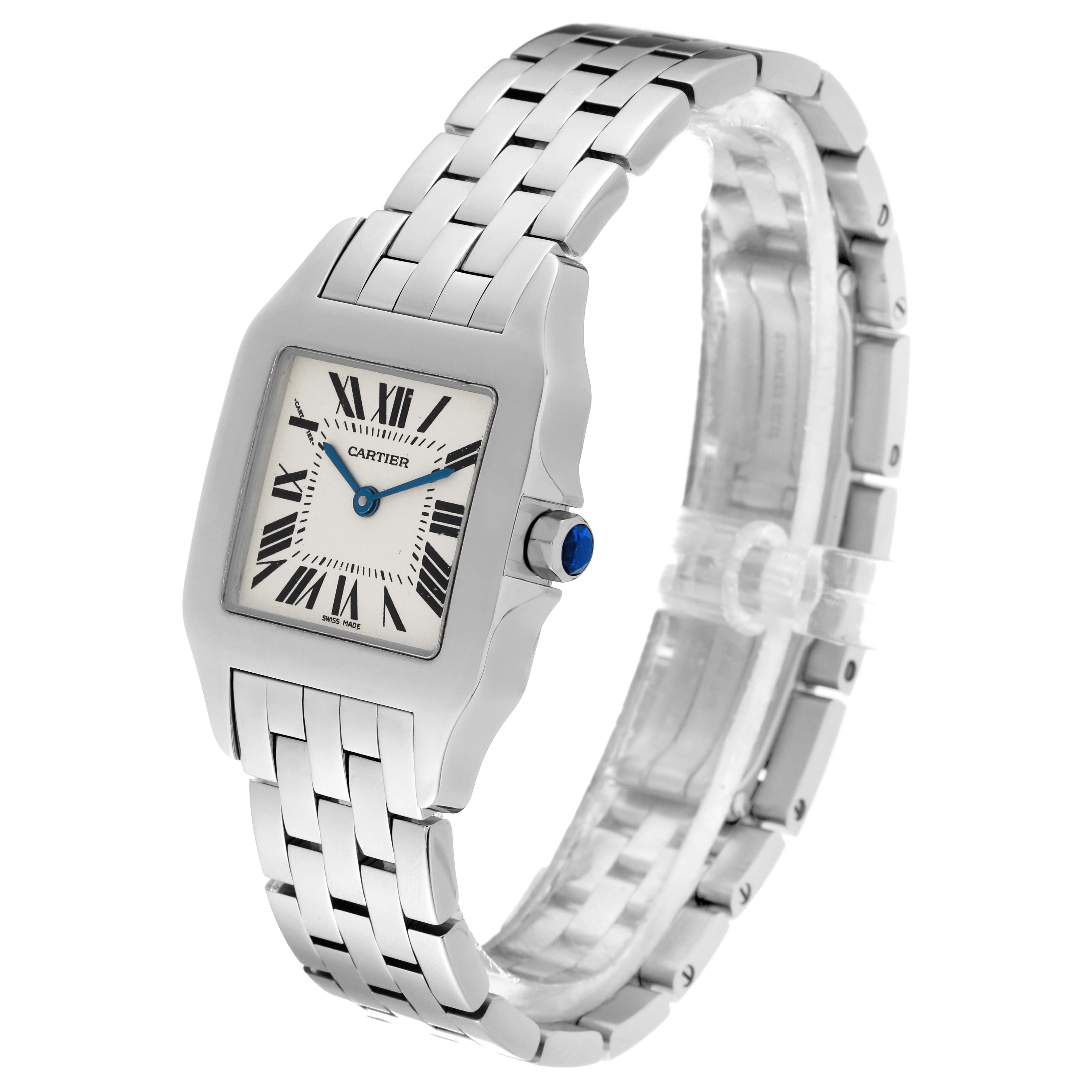 This image shows a Cartier Santos W25065Z5 Women's Stainless Steel Silver Dial W25065Z5 Women's Stainless Steel Silver Dial model watch at a tilted angle, displaying the face, bezel, crown, and metal bracelet.